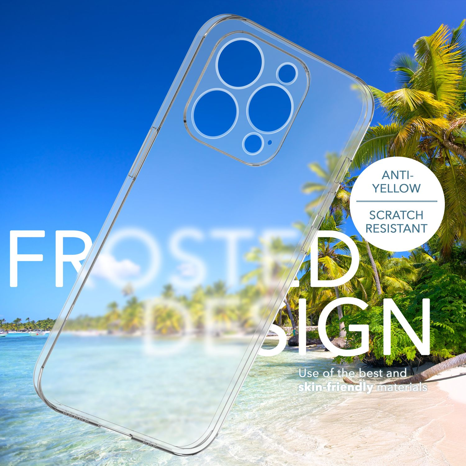 Funda transparente sobre imagen de playa. Texto dice: Diseño esmerilado, anti-amarillo, resistente a rayones.