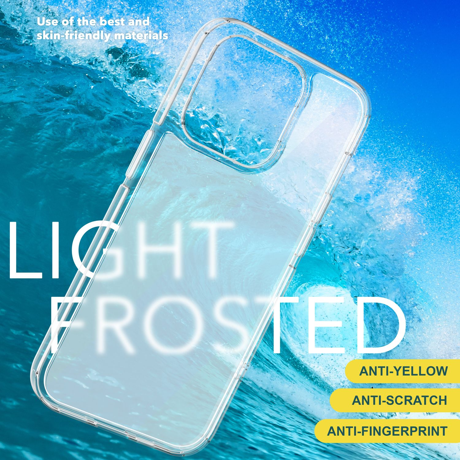 Une coque de téléphone transparente avec un design givré, et du texte soulignant les caractéristiques anti-jaunissement, anti-rayures et anti-traces de doigts.