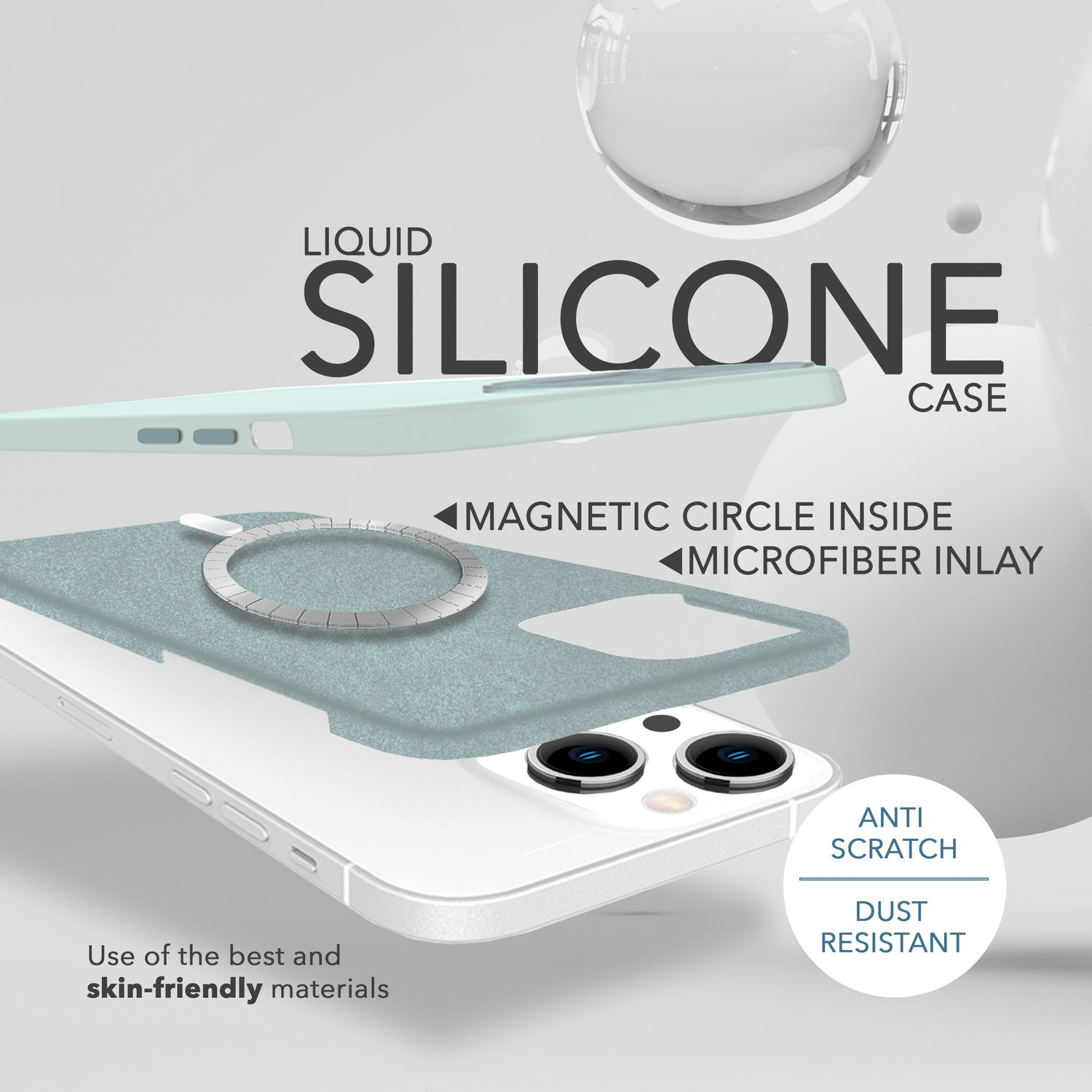 Gezeigt wird eine Handyhülle mit Magnetring und Mikrofaser-Inlay. Text lautet: 'Liquid Silicone Case'. Merkmale sind Kratz- und Staubbeständigkeit.