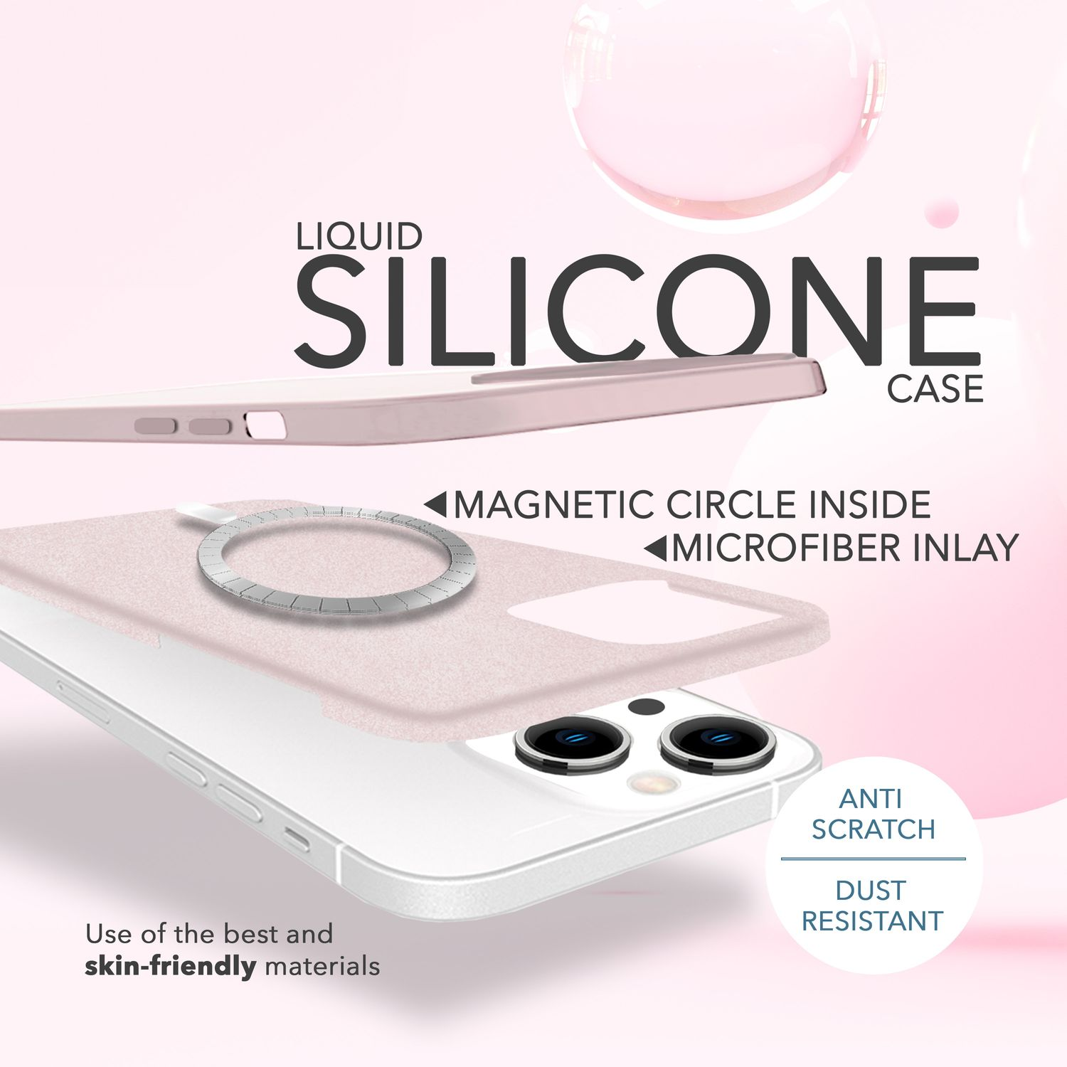 Rosa Silikon-Handyhülle. Beschriftung: Liquid Silicone Case, Magnetic Circle Inside, Microfaser-Inlay, Kratzfest, Staubdicht.