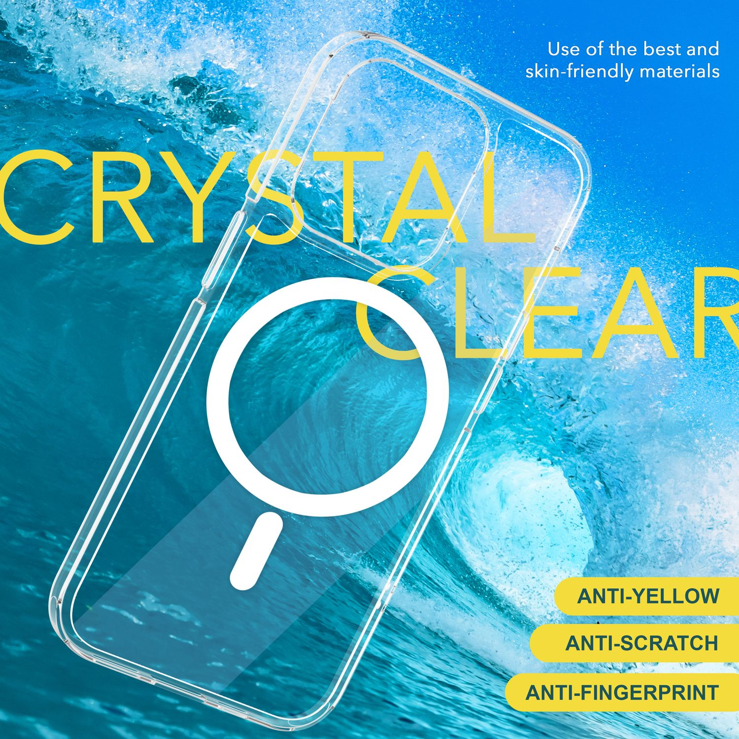 Un étui de téléphone transparent sur une scène d'eau bleue avec du texte : Anti-jaune, anti-rayures, anti-empreintes digitales.