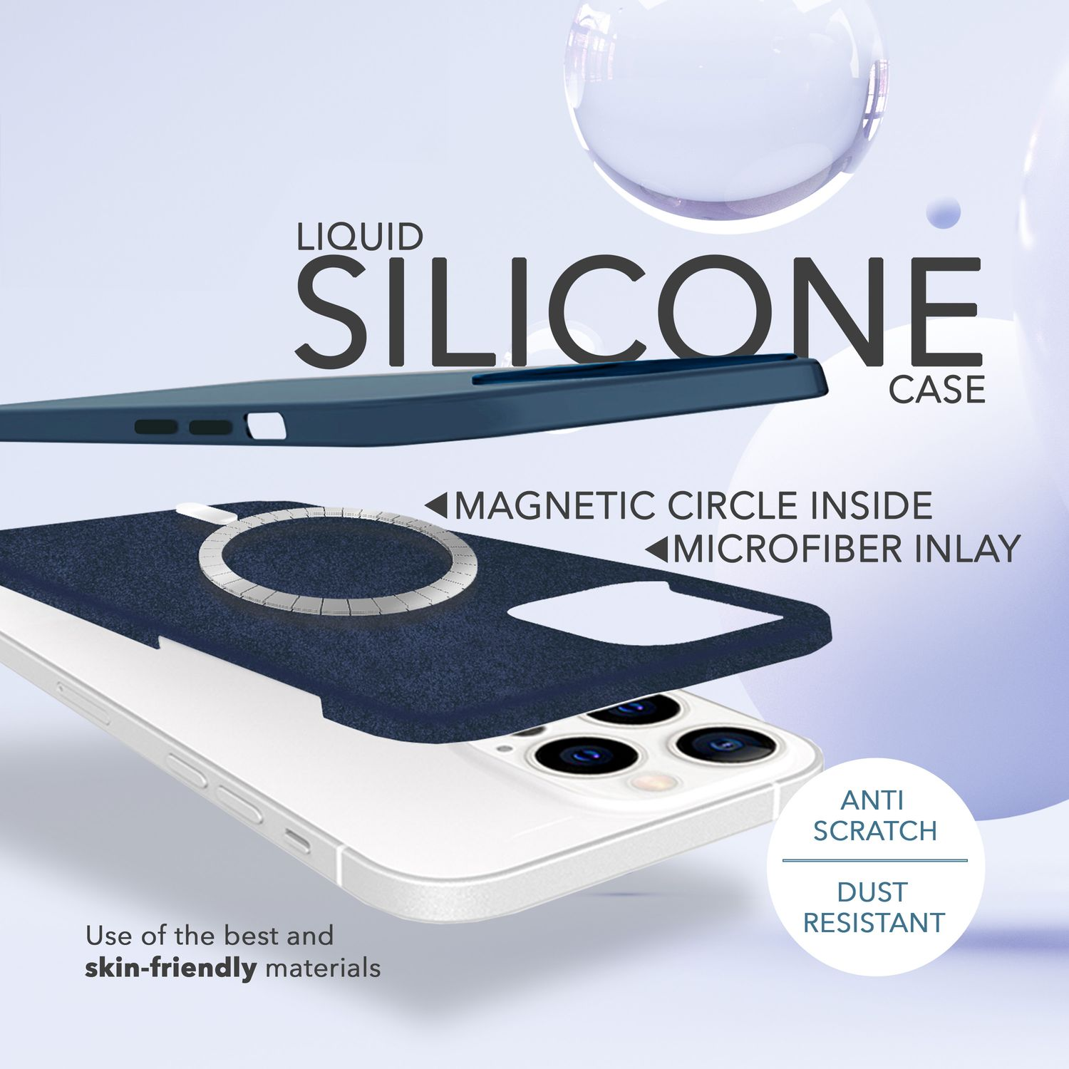 Eine flüssige Silikon-Handyhülle mit Mikrofaser-Inlay und einem Magnetkreis. Weißes Telefon.