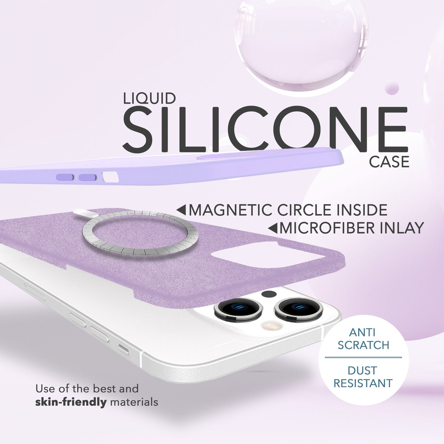 Gezeigt wird eine lila Handyhülle mit Ringhalterung über einem weißen Telefon. Der Text lautet 'Liquid Silicone Case', 'Anti Scratch'.