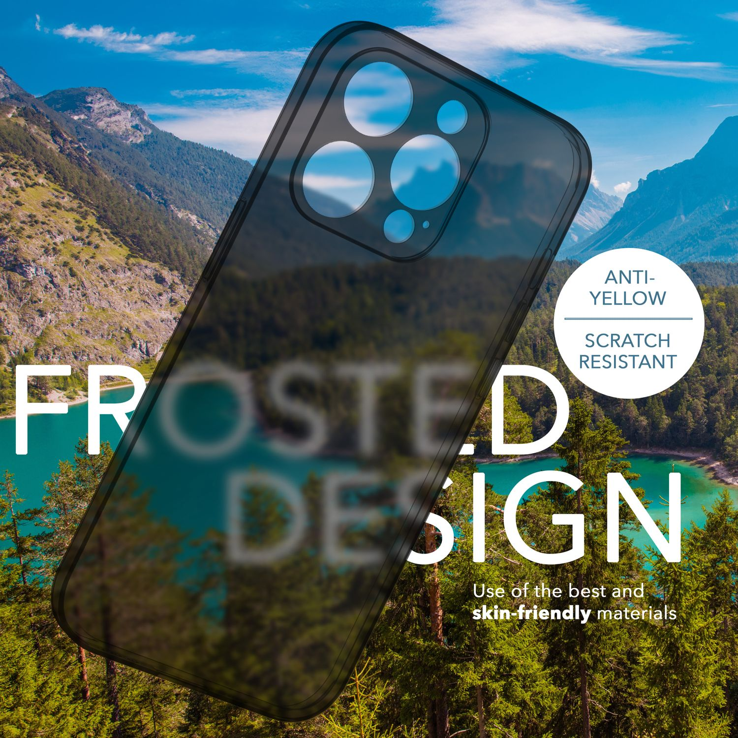 Una funda de teléfono esmerilada sobre un fondo escénico con un lago y montañas, texto: FROSTED DESIGN.