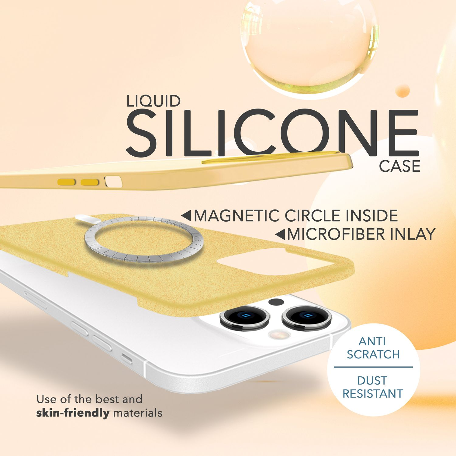 Eine gelbe Silikon-Handyhülle mit Magnetring, Mikrofaser-Inlay und kratzfesten, staubabweisenden Eigenschaften, auf einem weißen Telefon.