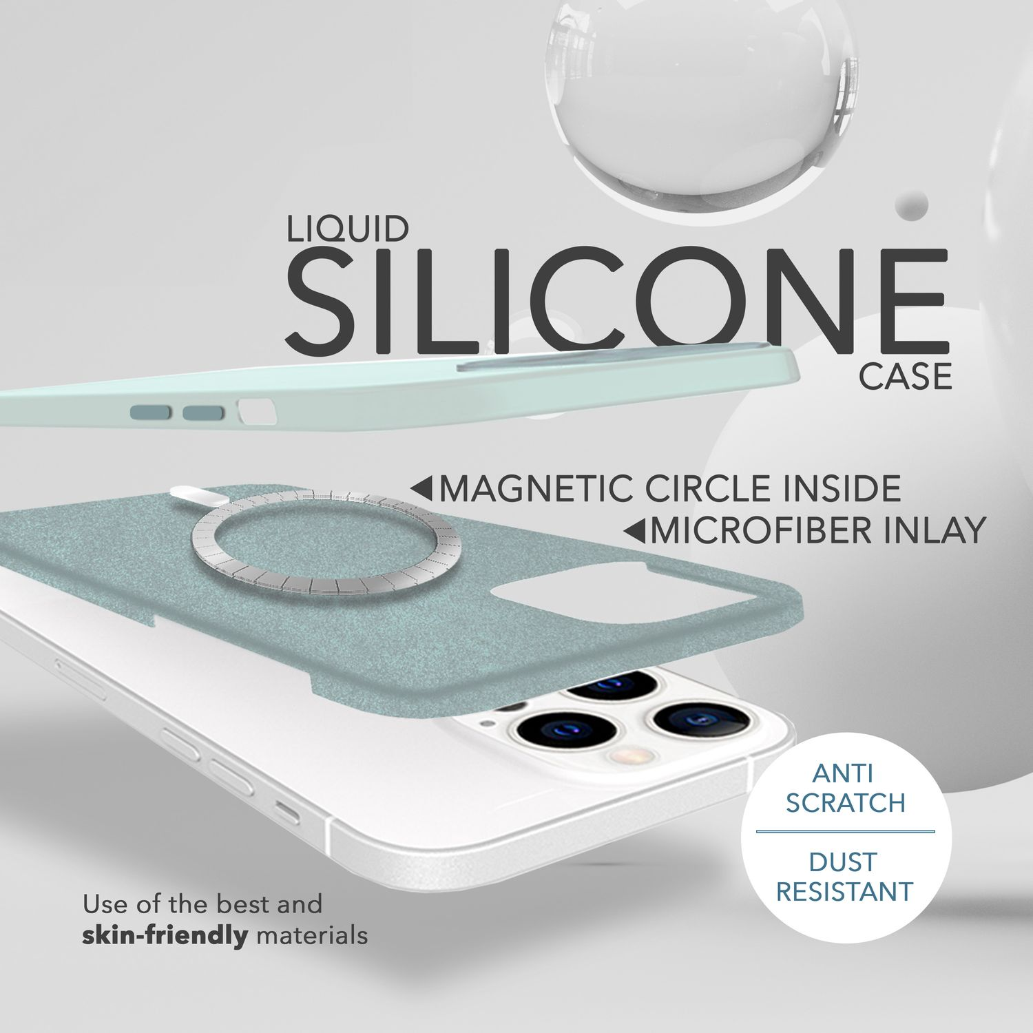 Funda de silicona verde menta con círculo magnético e incrustación de microfibra, antiarañazos, resistente al polvo.