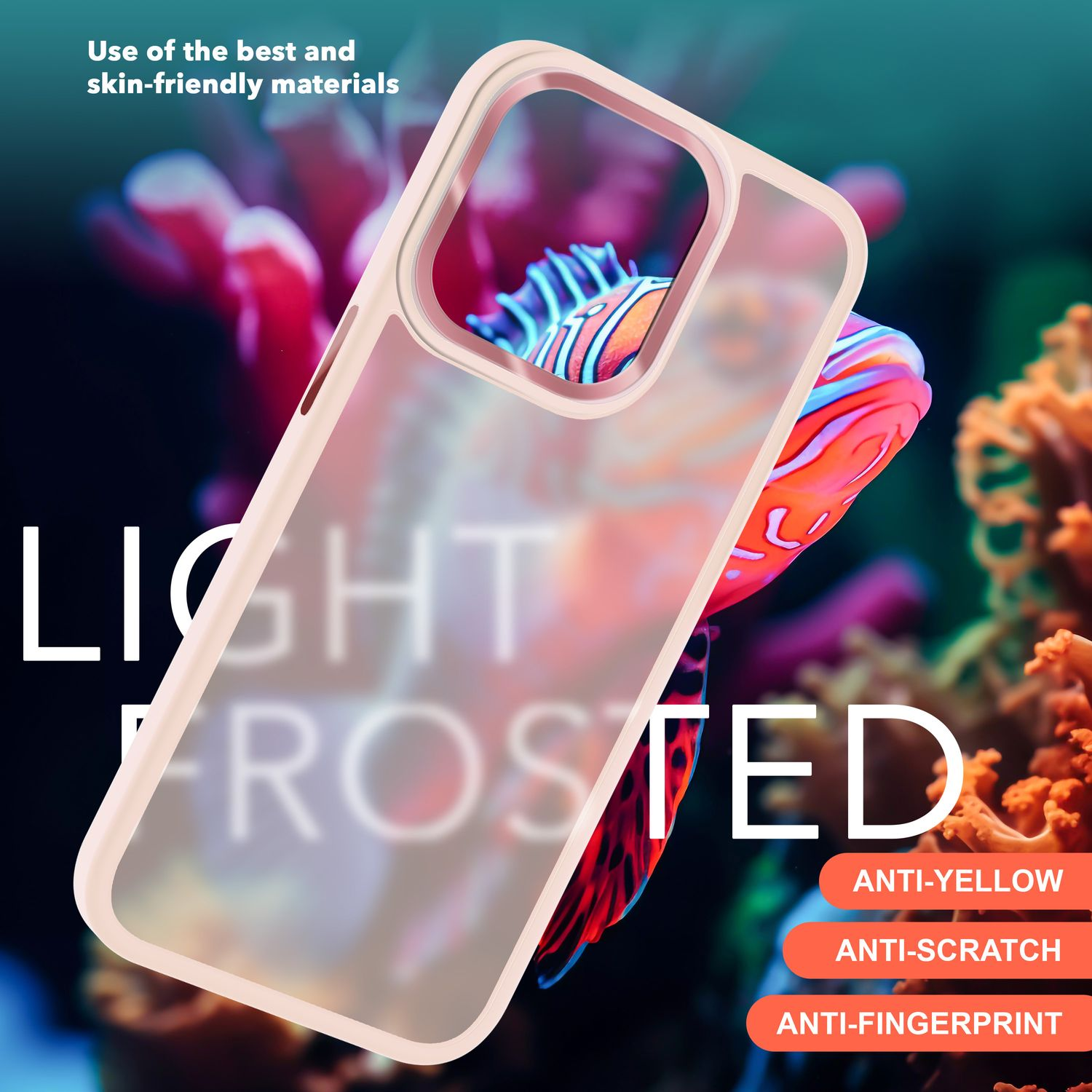Coque transparente avec design givré, cadre rose. Texte mentionne anti-jaune, anti-rayures et anti-traces de doigts.