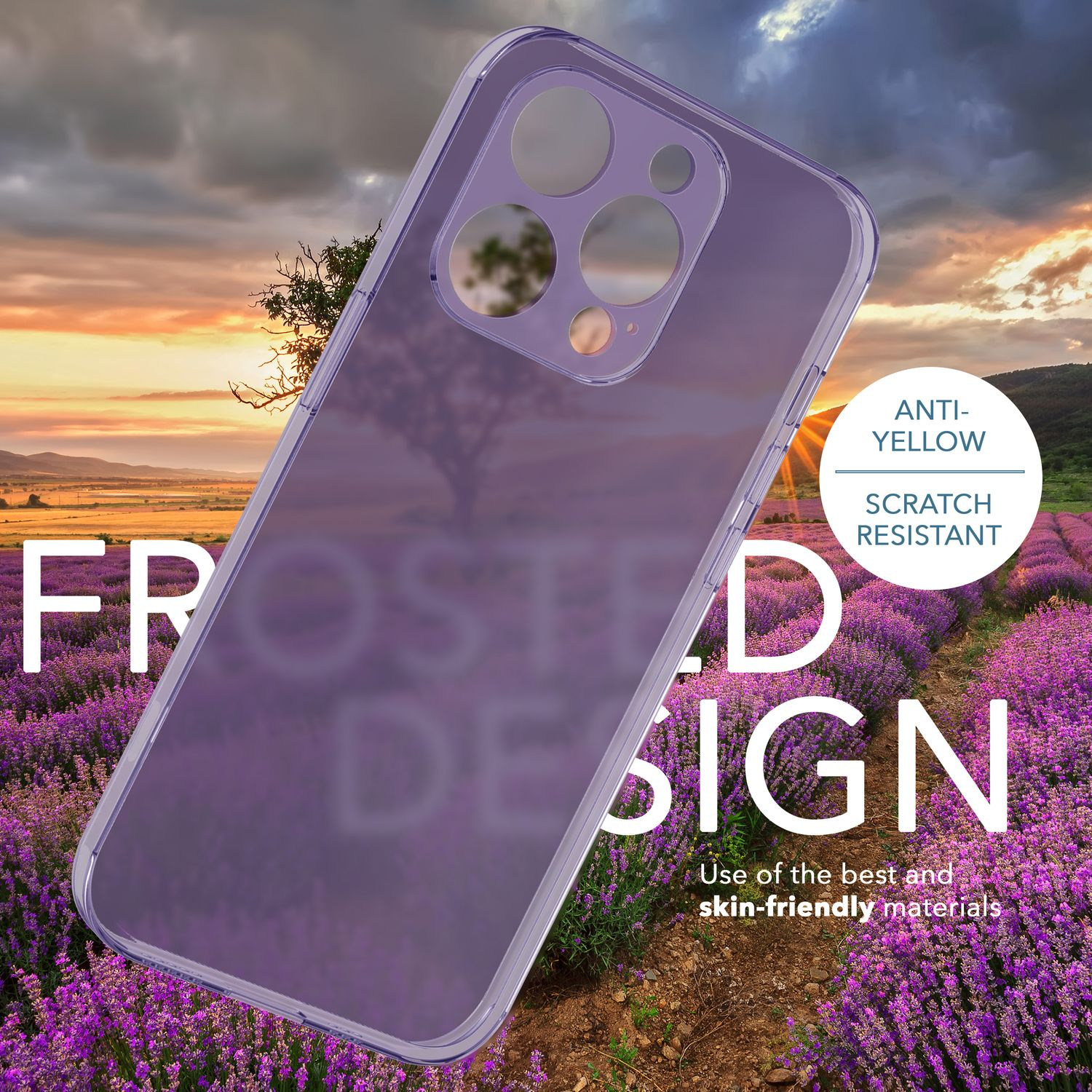 Funda de teléfono morada con fondo de campo de lavanda, texto 'FROSTED DESIGN'.