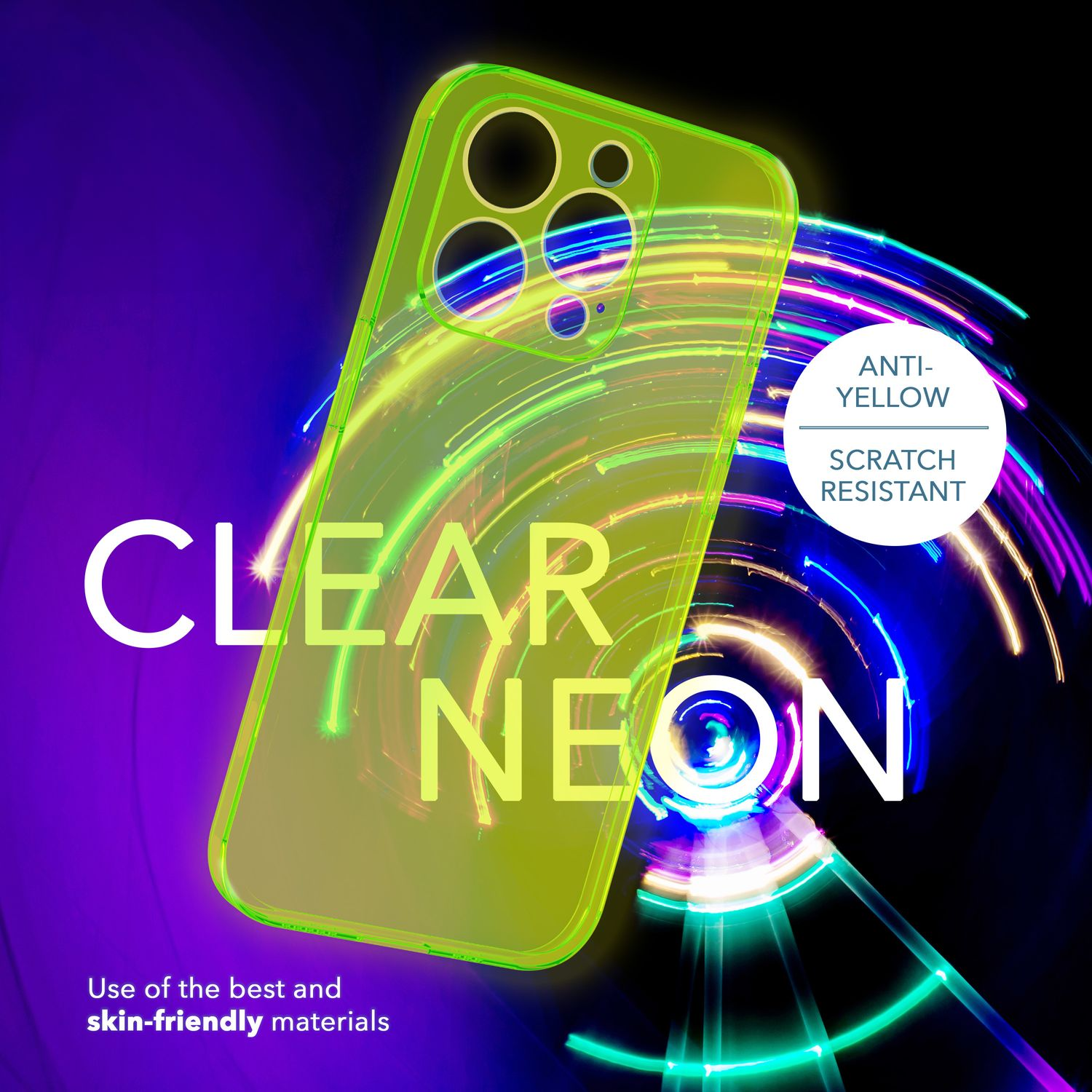 Transparente Neon-Handyhülle mit grünem Leuchten, Text und Infokreisen.