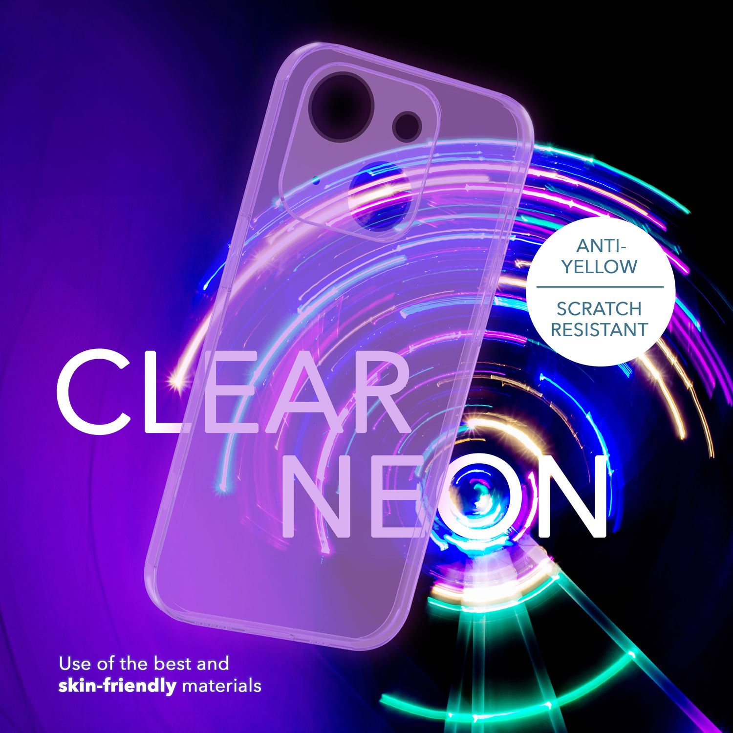 Funda transparente para teléfono con diseño neón y texto, sobre fondo oscuro.