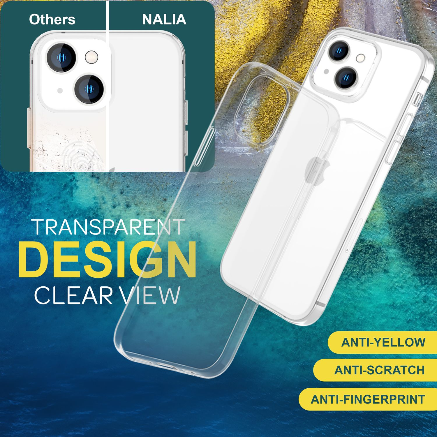 Transparente Handyhülle, transparentes Design. Zeigt 'TRANSPARENT DESIGN CLEAR VIEW'.