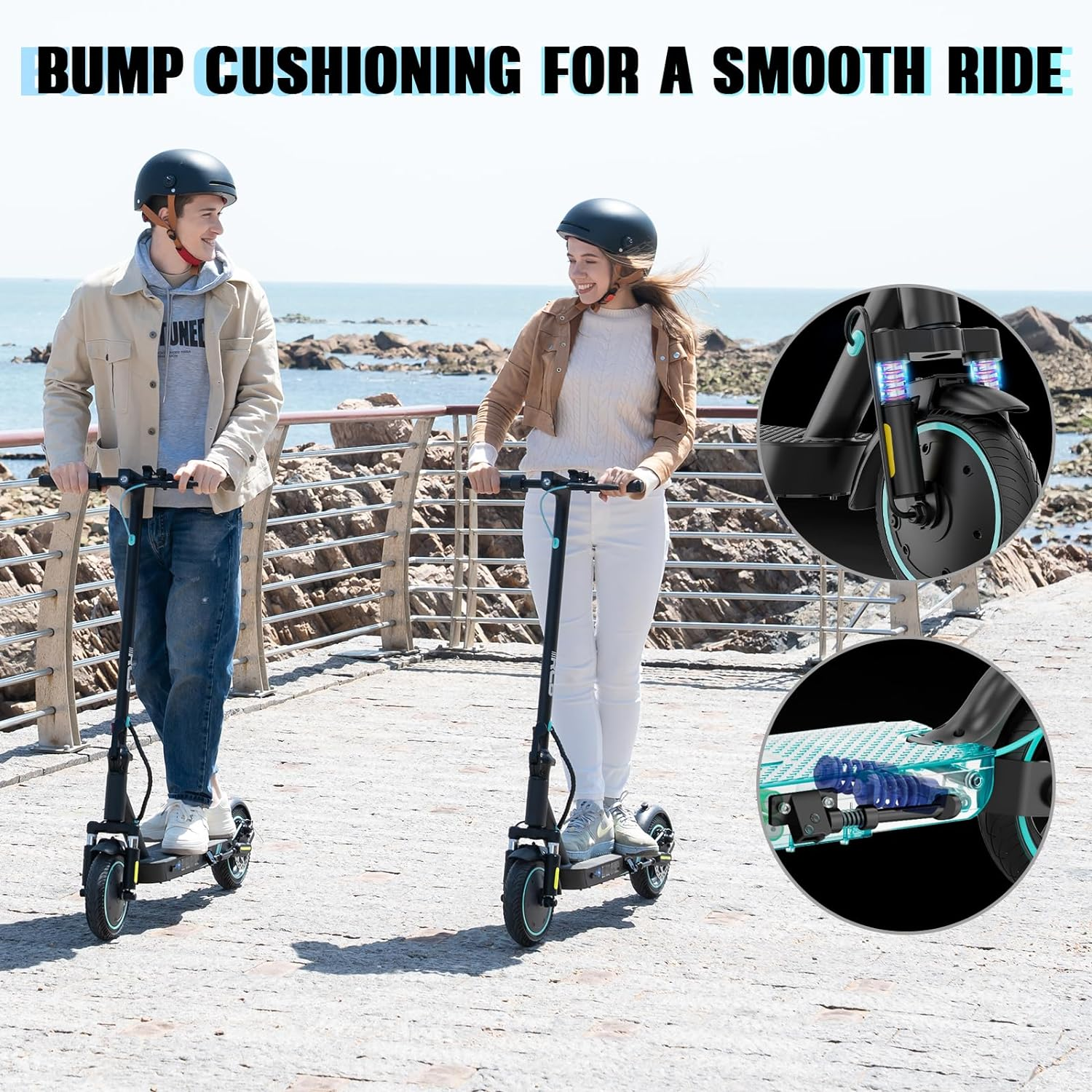 Zwei Personen fahren Roller, mit Nahaufnahmen von Rollerfunktionen.