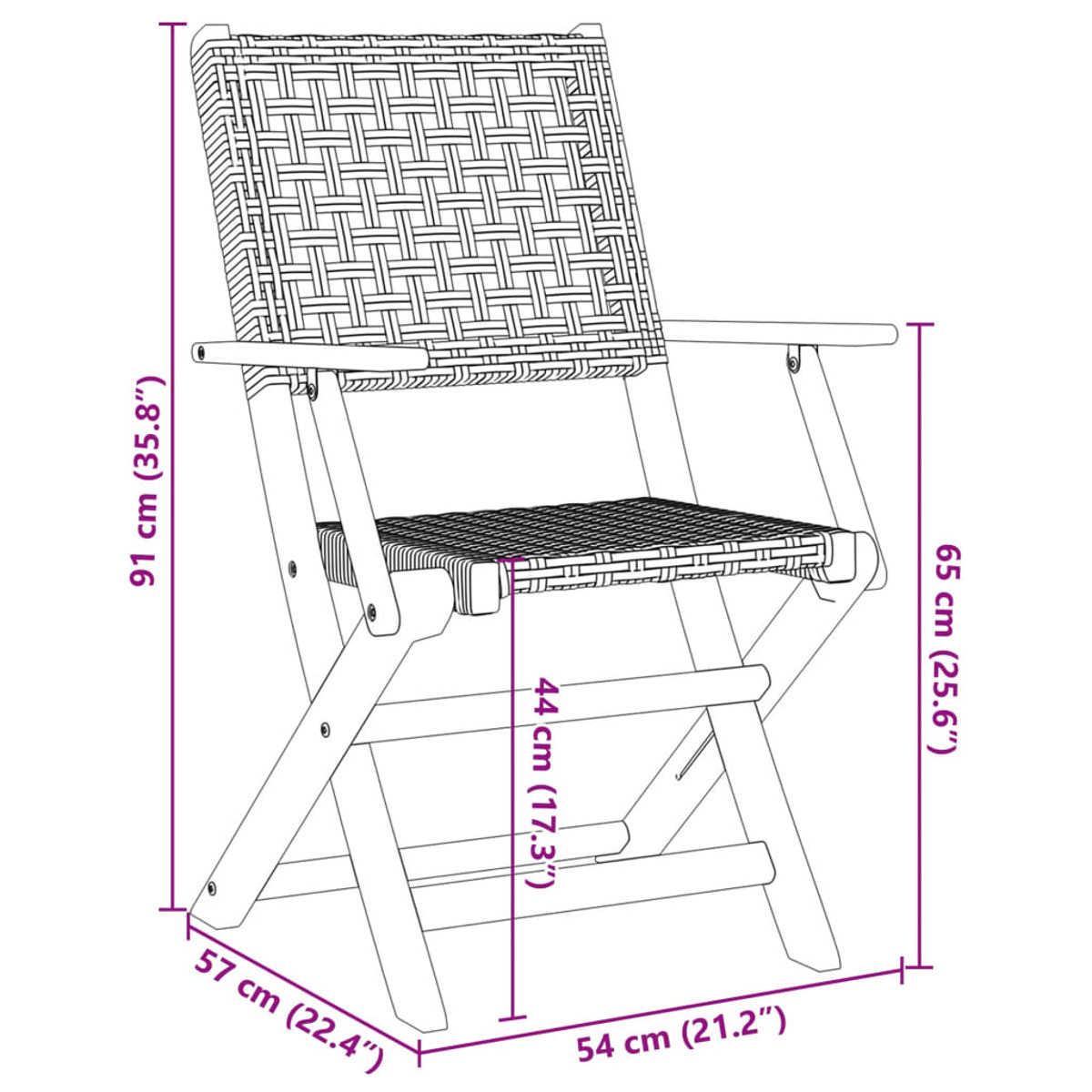 Sedia pieghevole in legno con seduta e schienale intrecciati. Dimensioni fornite.