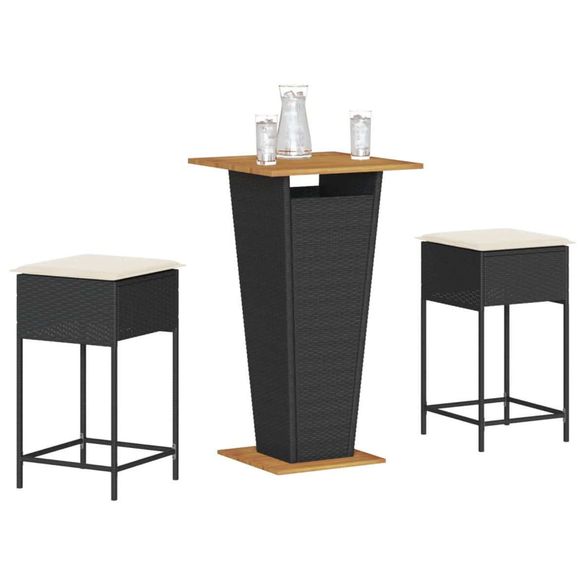 Bar-Set: Stehtisch mit zwei Hockern, alles schwarz mit Holzplatte und weißen Kissen.