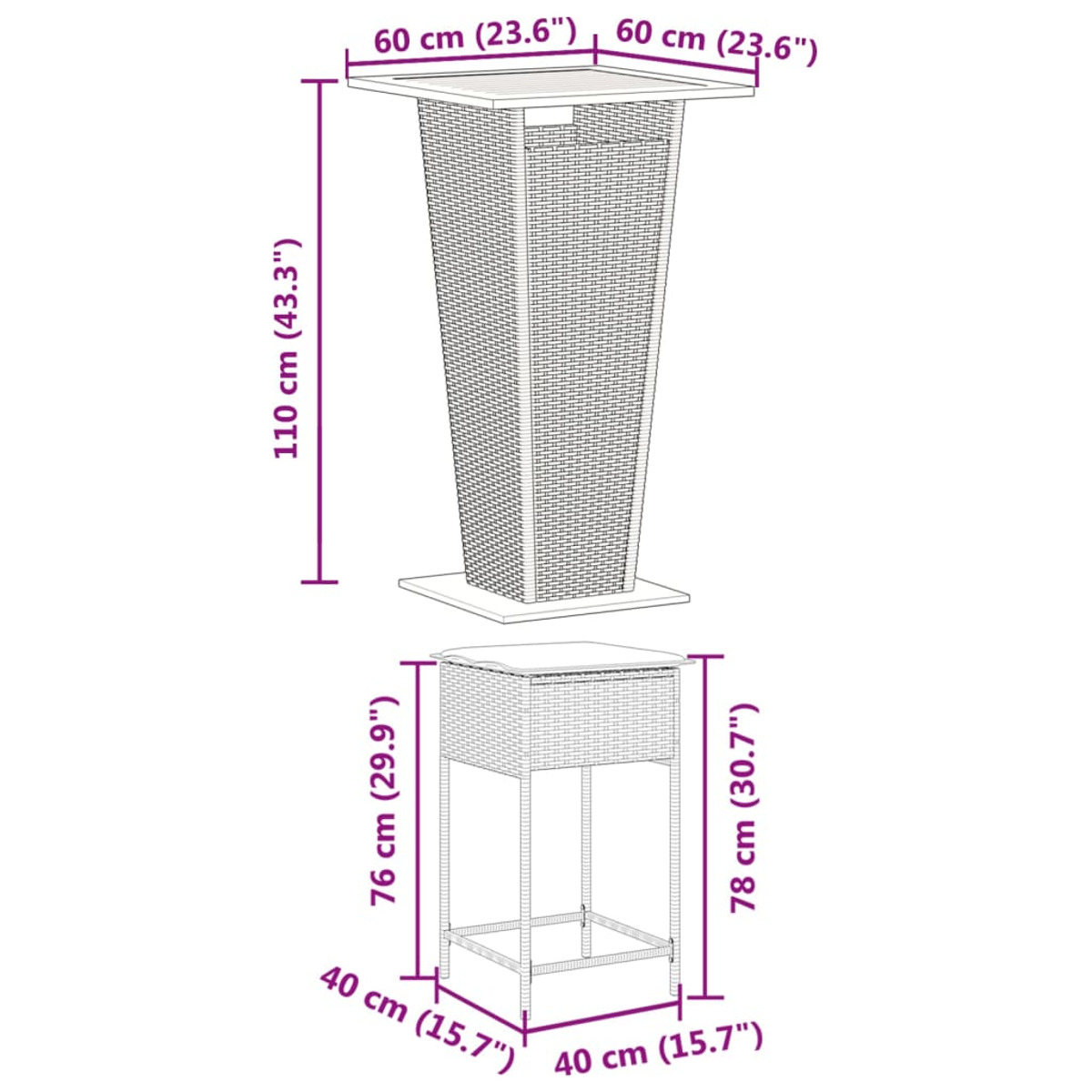 Hoher Bartisch und zwei Barhocker. Tisch und Hocker haben ein gewebtes Design. Abmessungen sind angegeben.