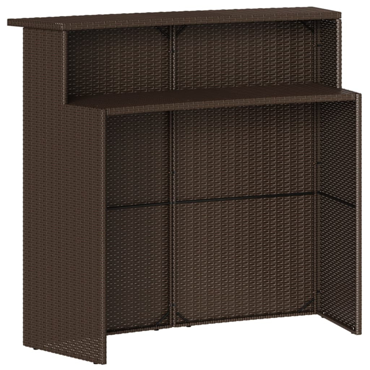Brauner Bar-Schrank aus Korbgeflecht mit Regalen und Arbeitsplatte, offene Türen.