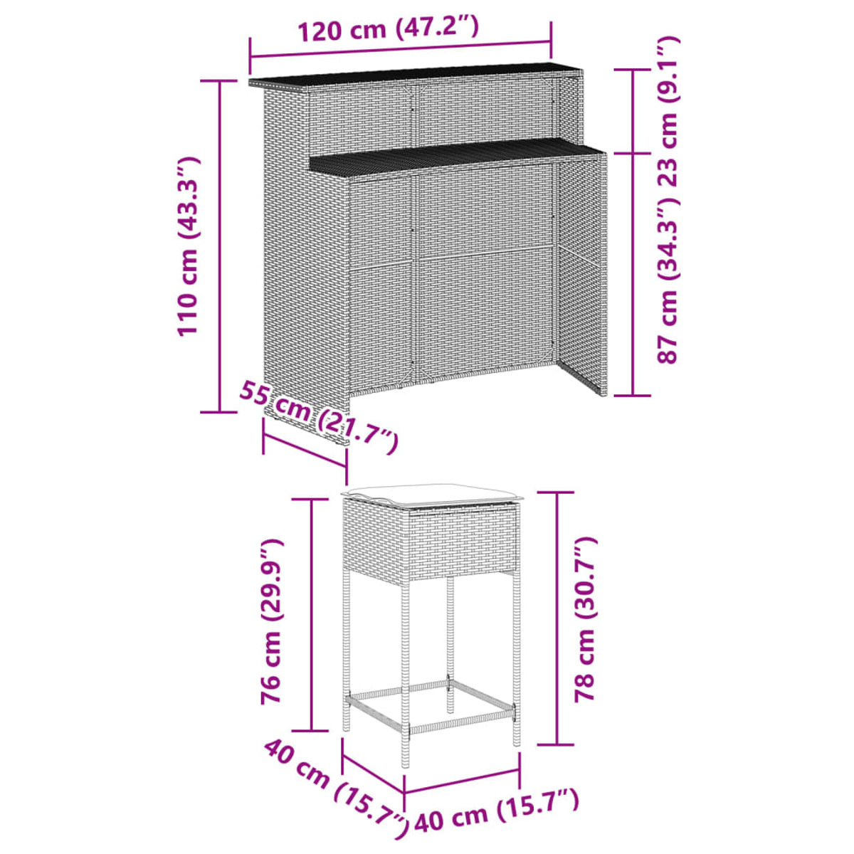 Bar mit zwei Ebenen, Maße in cm: 120x87x23, 110x55x43,3 und ein Hocker 40x78x40cm mit Maßen.
