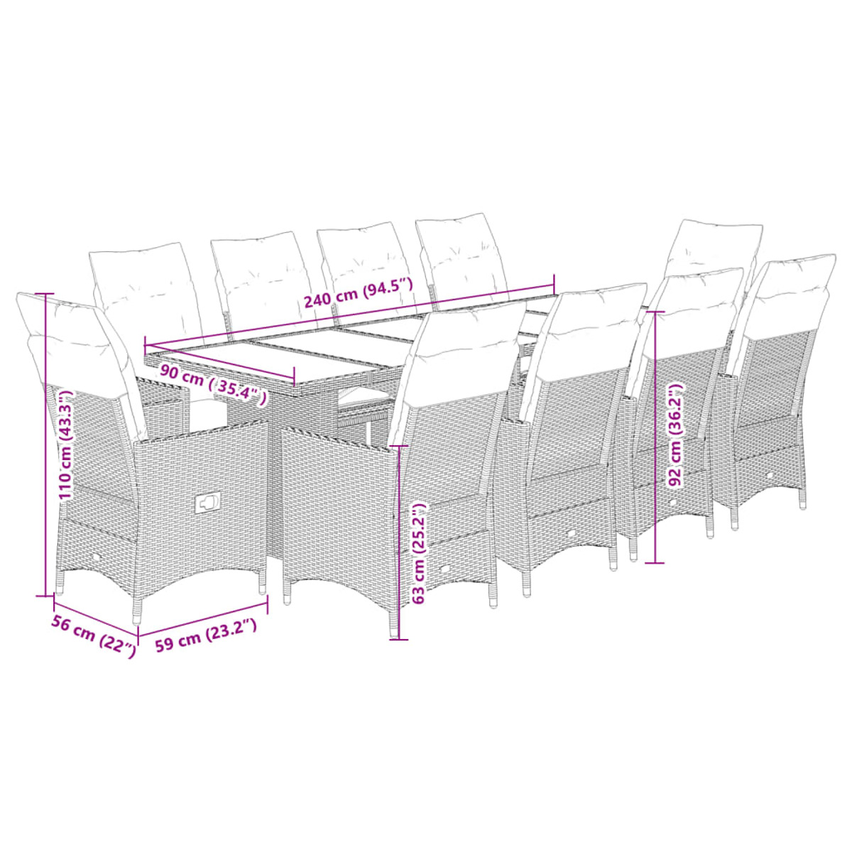 Geflochtenes Outdoor-Ess-Set mit angegebenen Abmessungen. Enthält einen großen Tisch und Stühle.