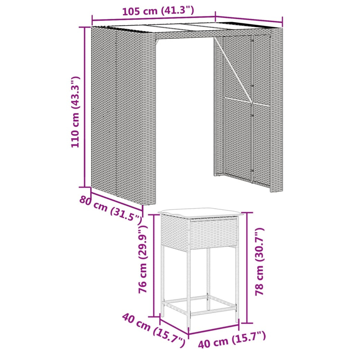 Rattan-Outdoor-Bar und Hocker-Set, Maße enthalten, auf weißem Hintergrund.