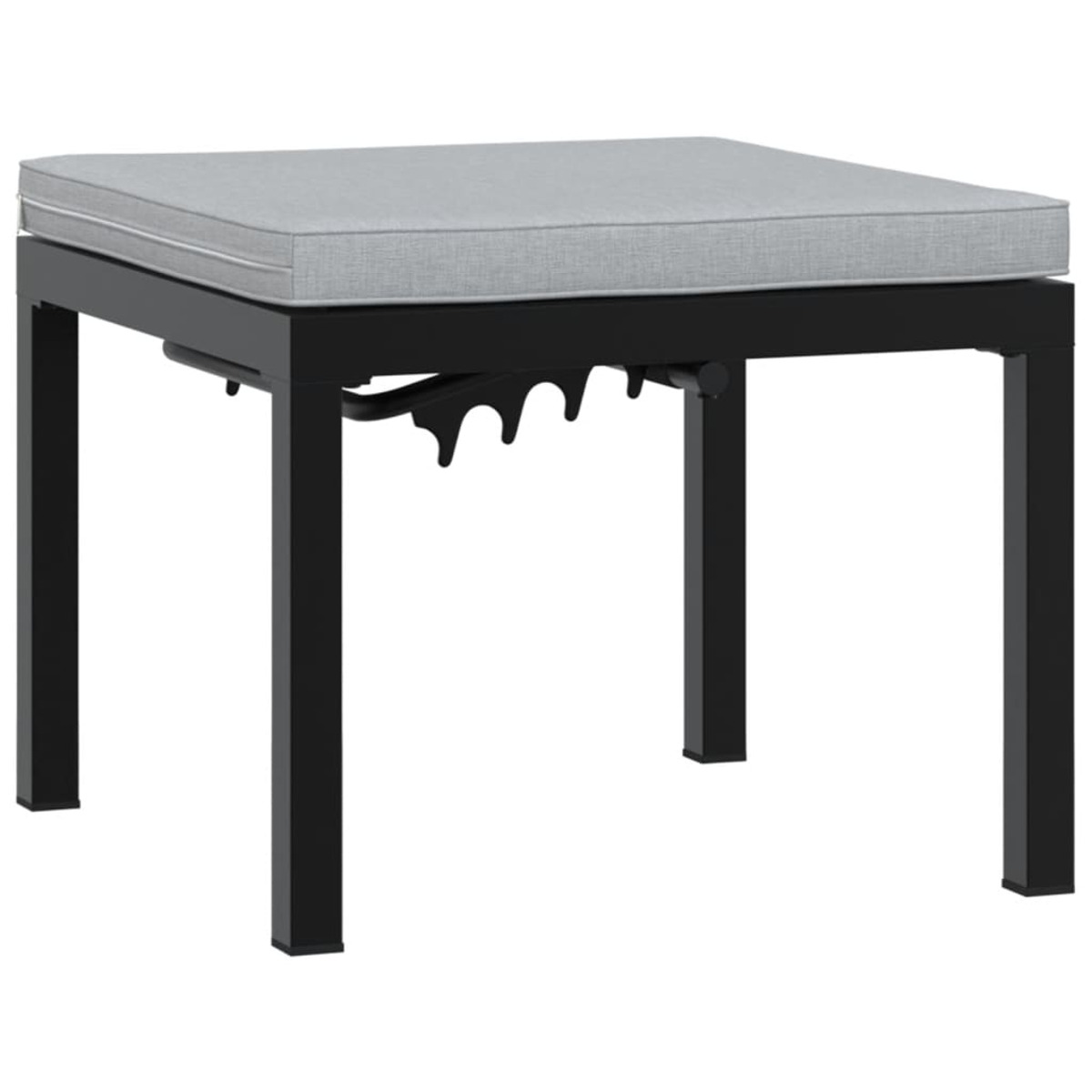 Tavolo con struttura in metallo nero con un cuscino grigio. Sfondo bianco.