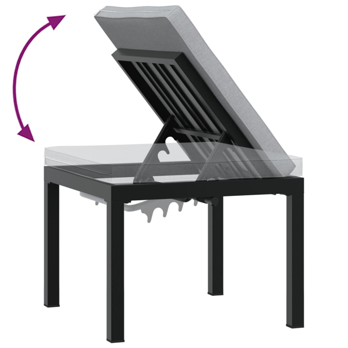 Tavolo da esterno in metallo nero con cuscino grigio. Il piano può essere sollevato, come indicato da una freccia.