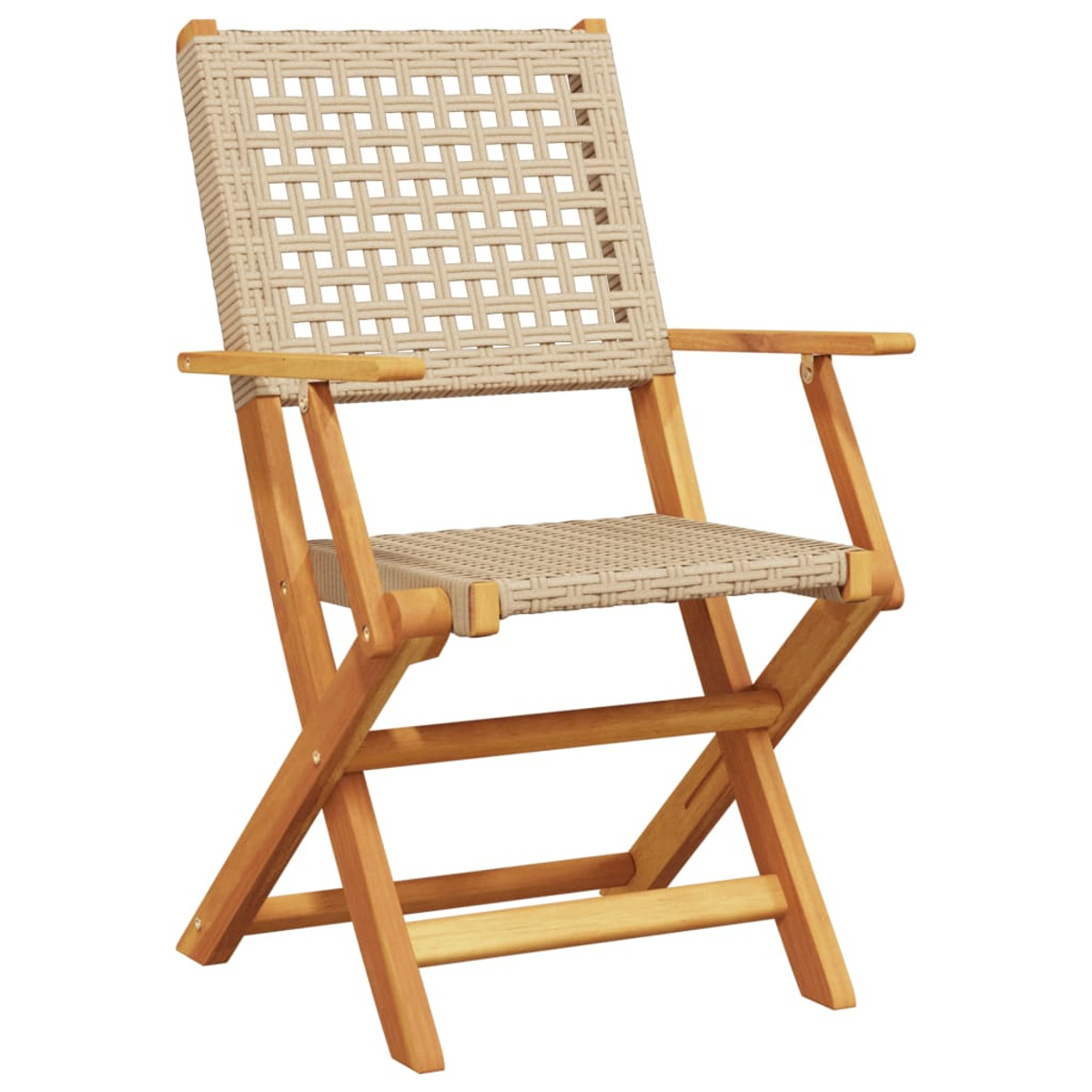 Sedia pieghevole in legno con seduta e schienale intrecciati beige, su sfondo bianco.