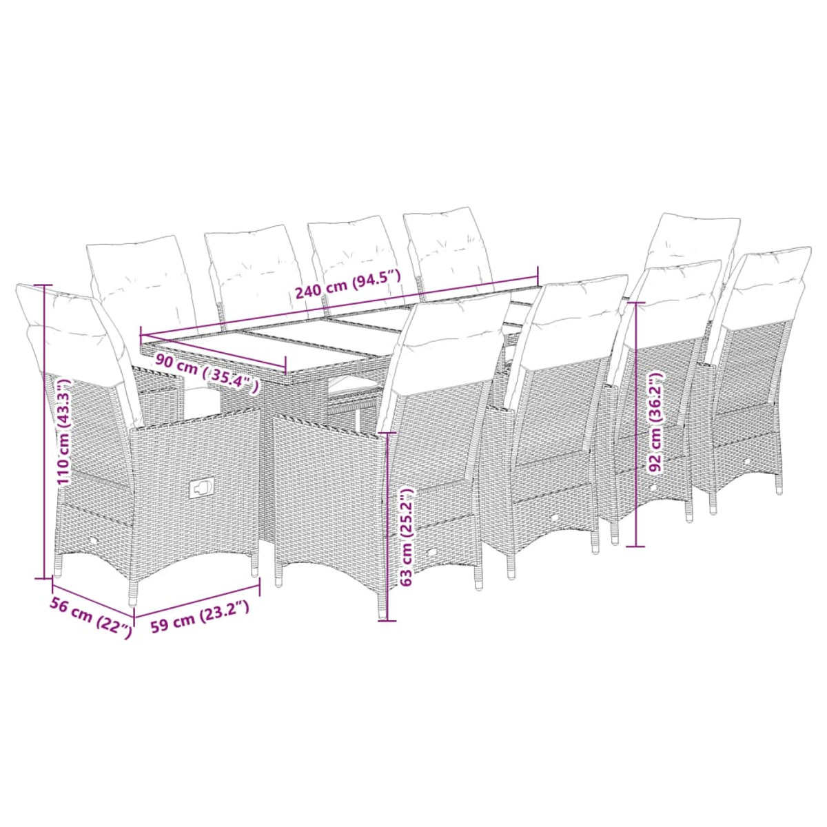Ein Ess-Set aus Rattan mit Tisch und Stühlen. Abmessungen sind angegeben, zeigen Größendetails.