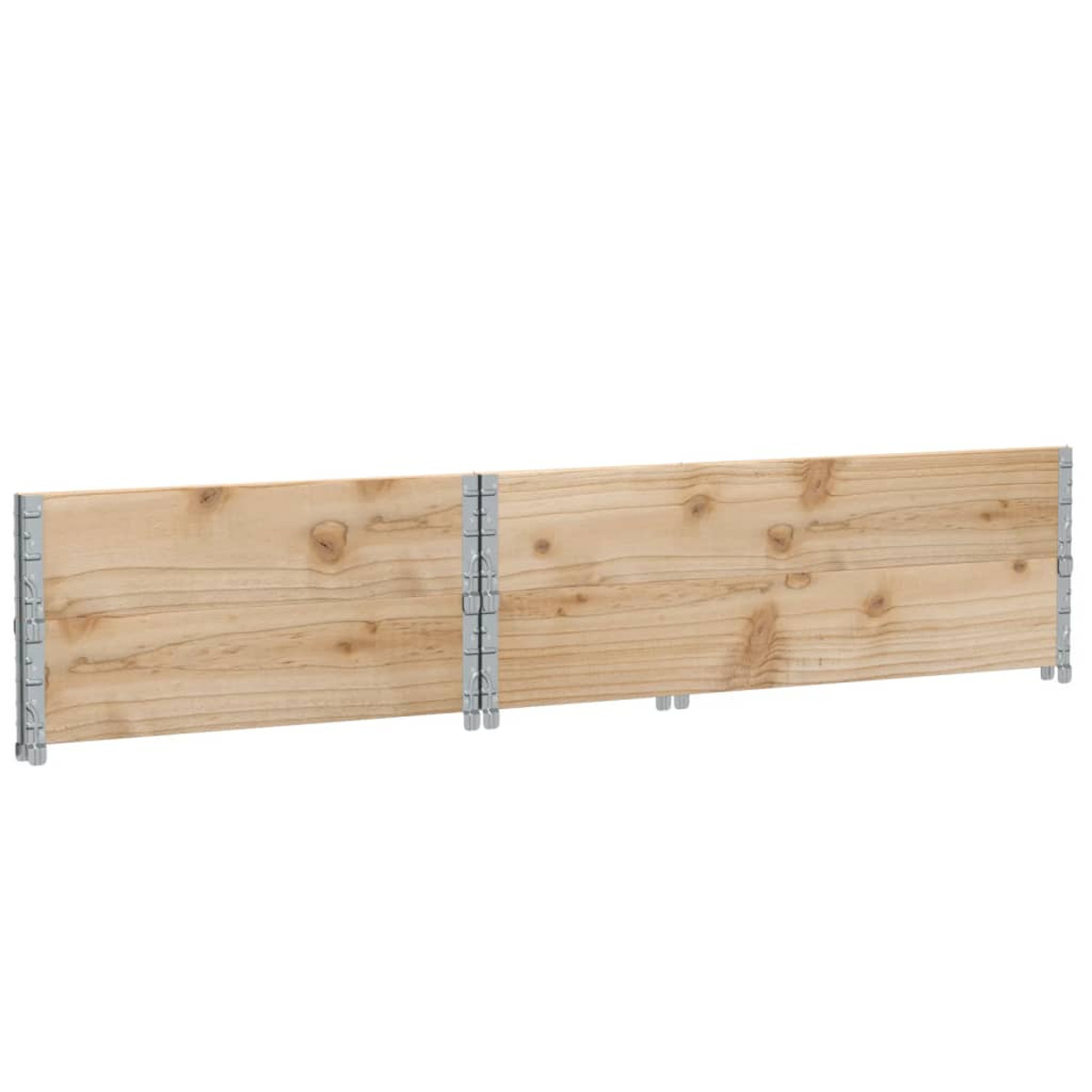 Zwei Holzbretter, die durch Metallverbinder zusammengehalten werden, mit sichtbarer Maserung.