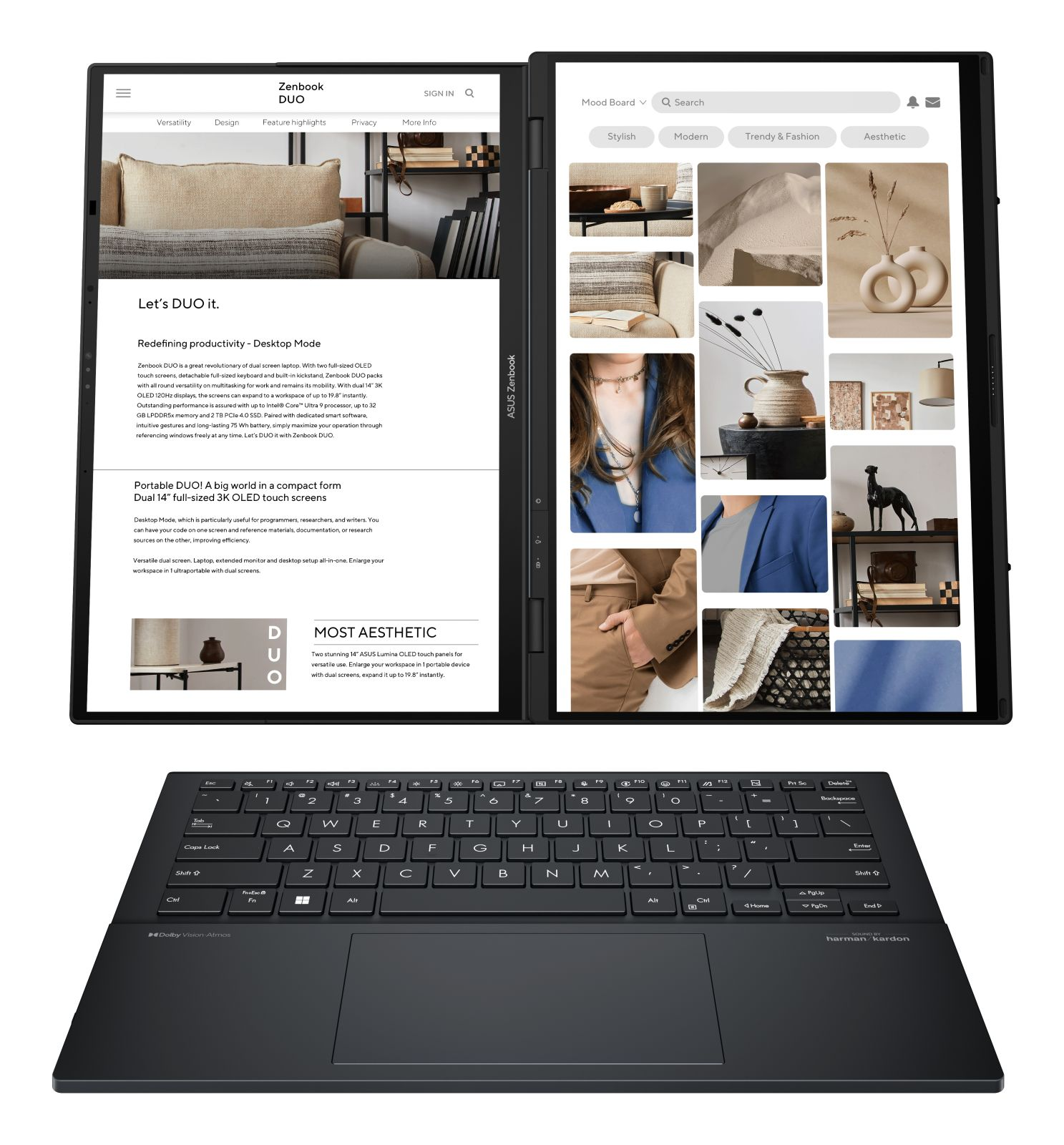 Ein Laptop mit zwei Bildschirmen und Tastatur. Einer zeigt Inhalt, der andere eine Webseite.
