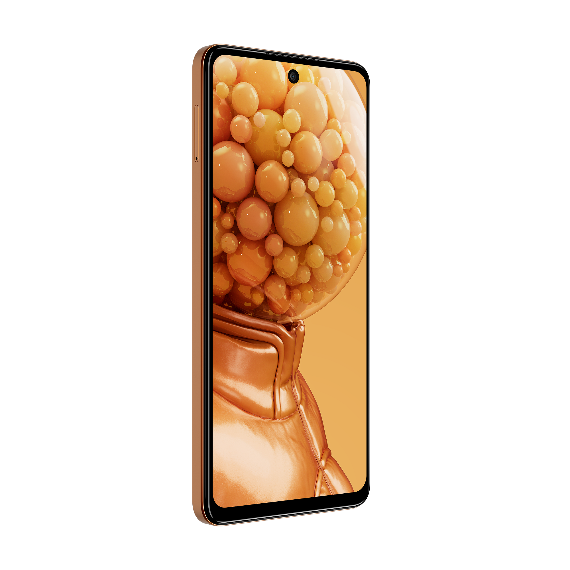Ein goldfarbenes Smartphone mit einem gelb-orangenen abstrakten Bild auf dem Bildschirm.