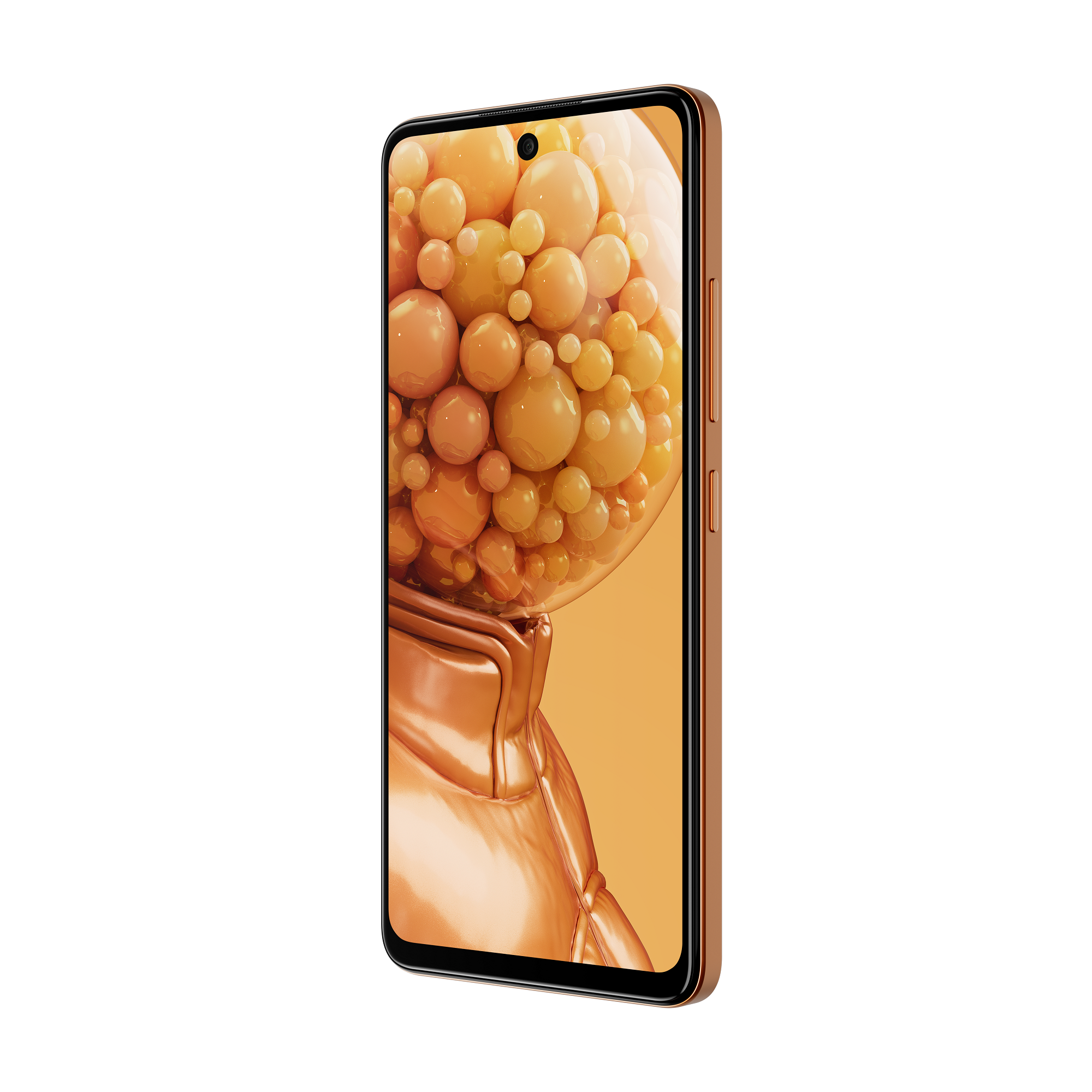 Ein goldfarbenes Smartphone, das ein blasenartiges Bild zeigt, von der Seite betrachtet.