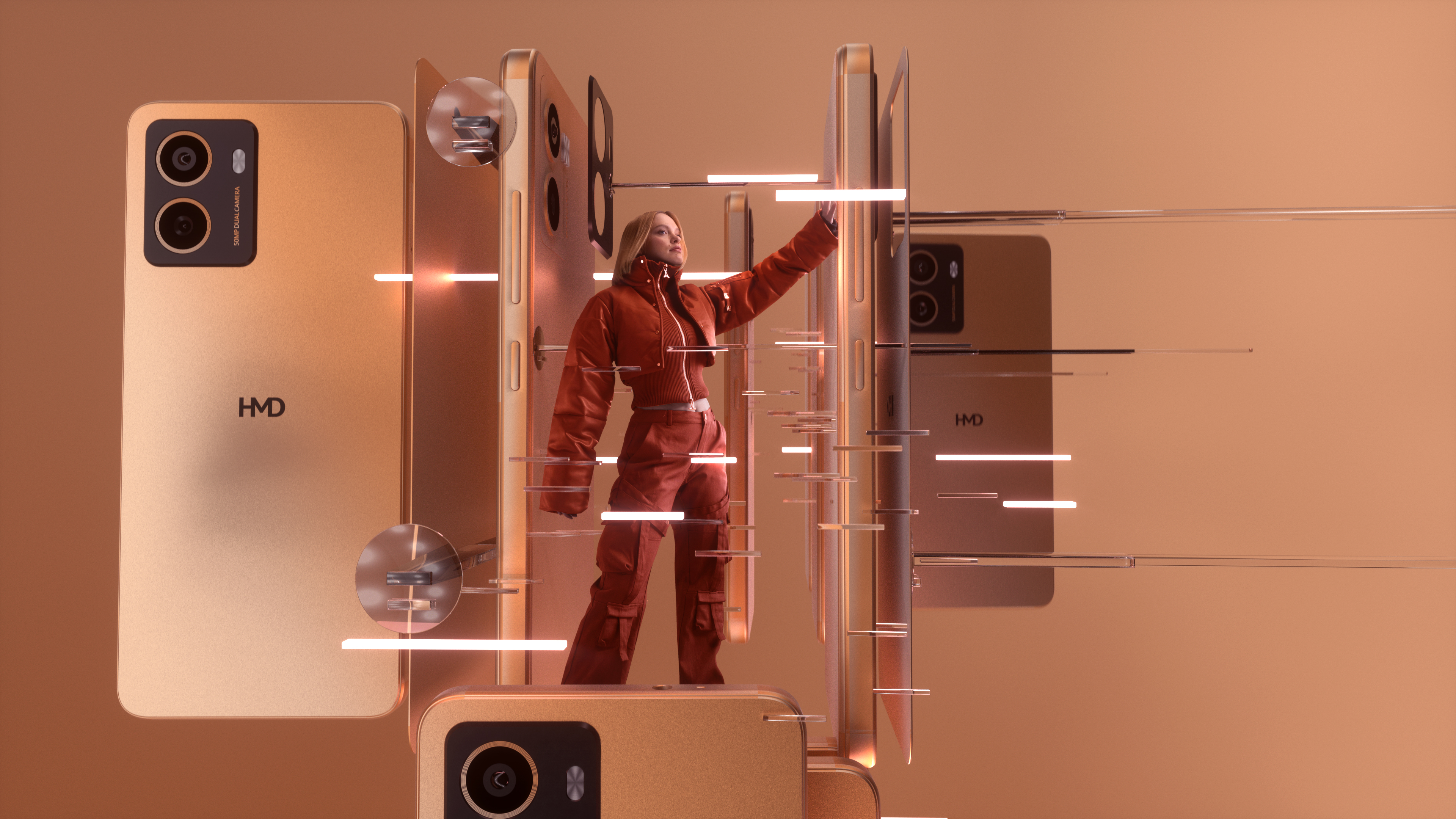 Eine Frau in orangefarbener Kleidung in einer Szene mit mehreren goldenen Telefonen und einer Lichtanzeige.