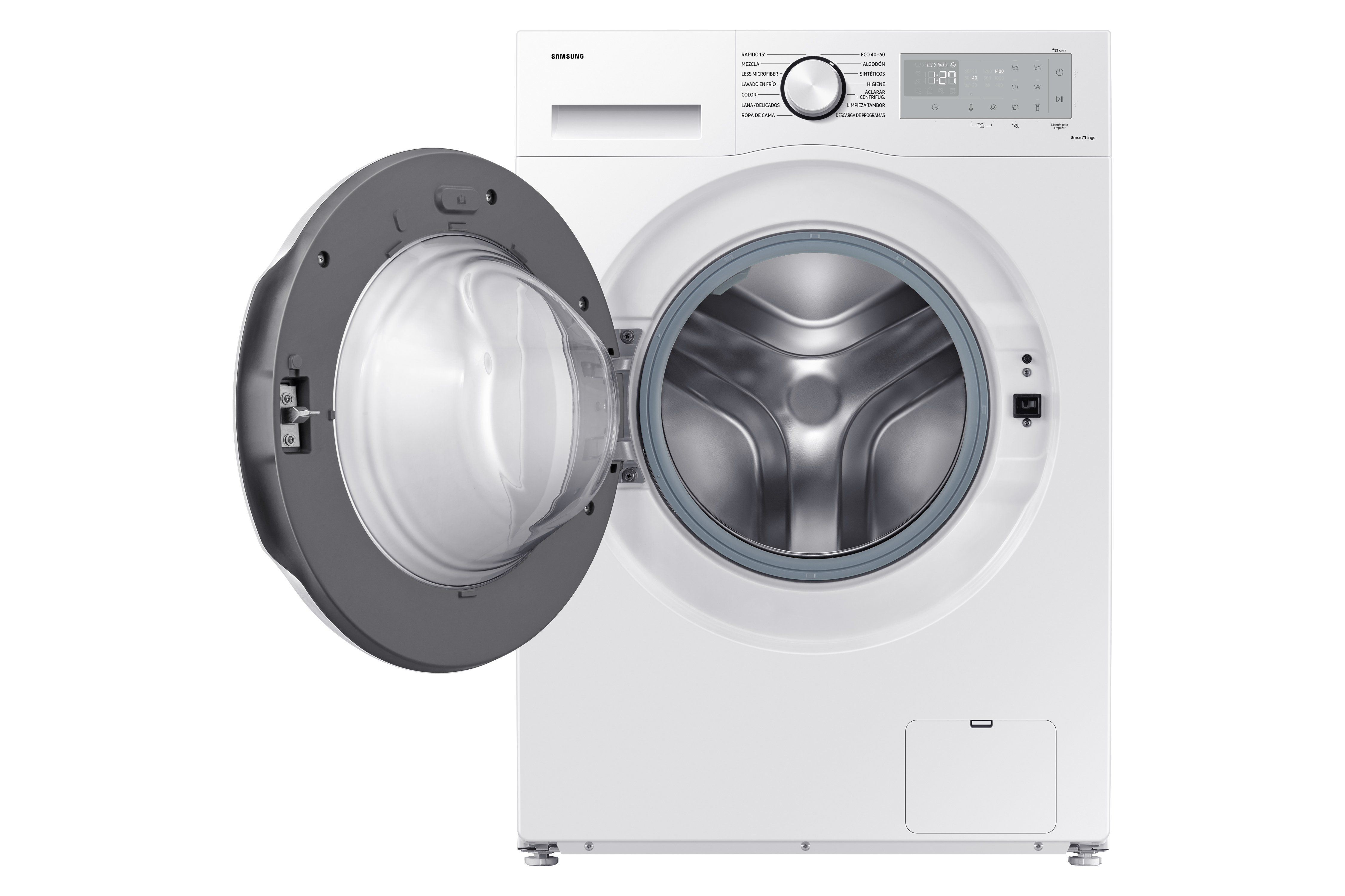 Lavatrice Samsung bianca con porta aperta, mostra cestello in acciaio inox e pannello comandi.