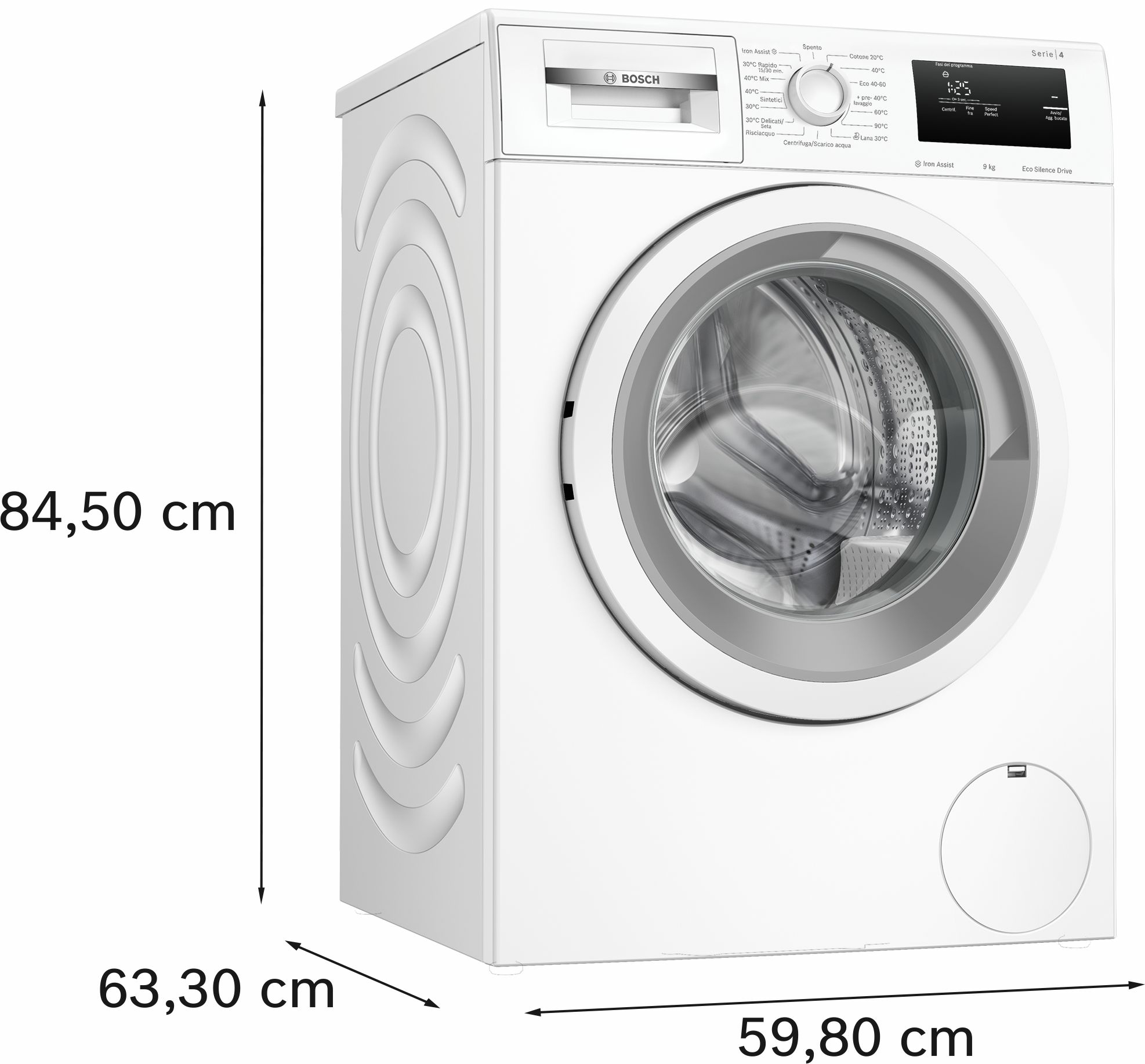 Weiße Bosch Waschmaschine mit Maßen auf der Seite.