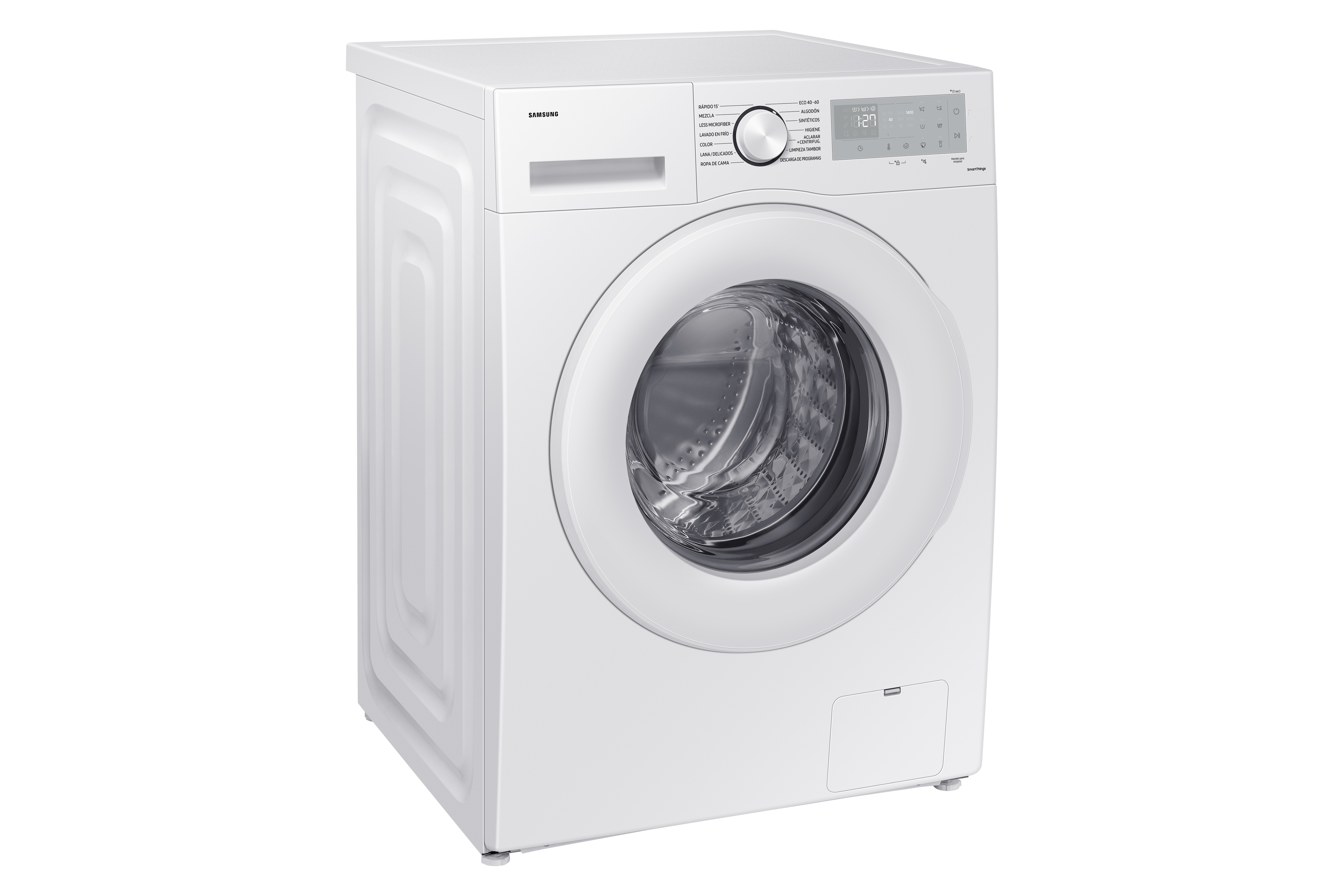 Lavatrice Samsung bianca, vista frontale. Sfondo bianco. Comandi sul davanti.