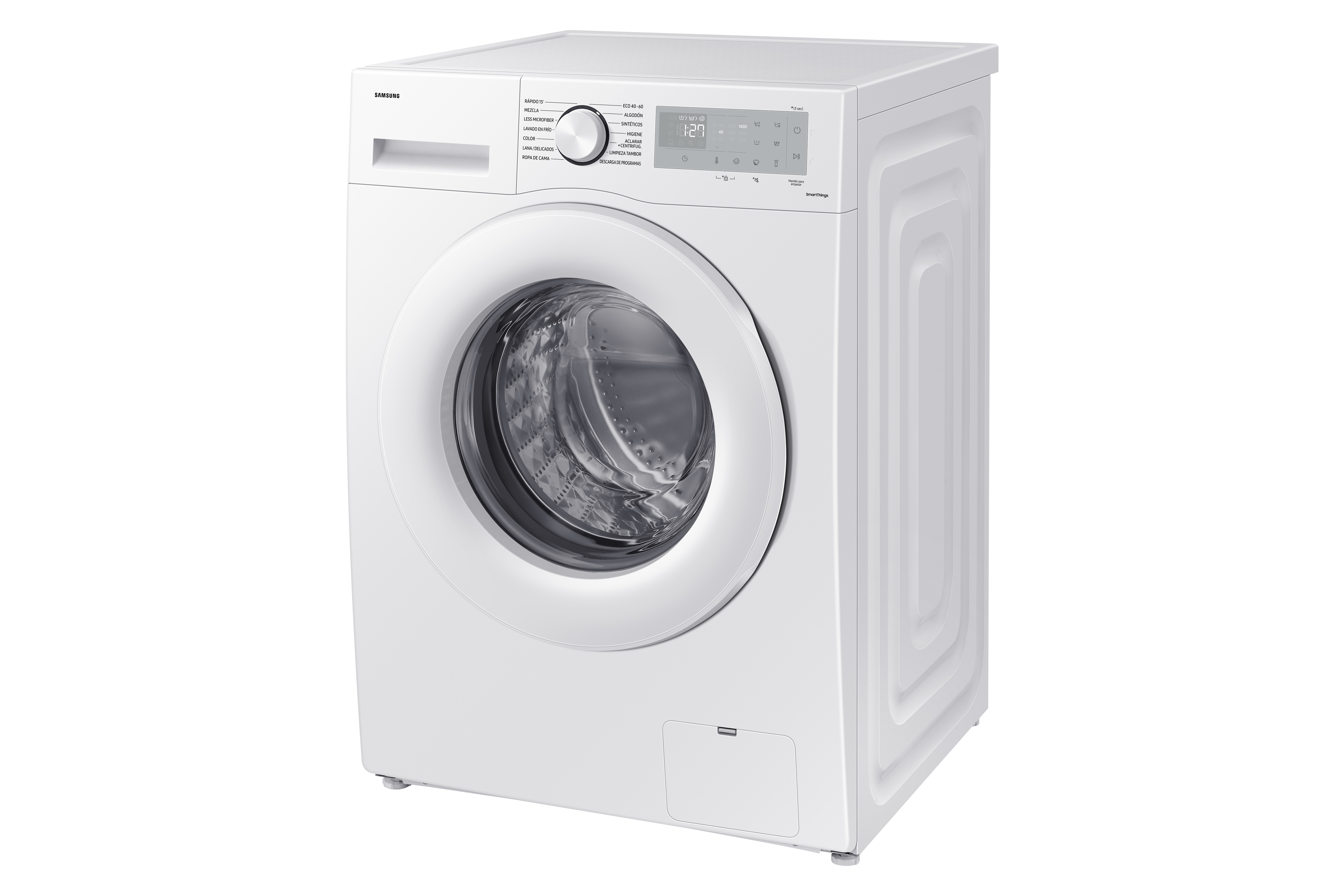 Lavatrice Samsung bianca. Frontale arrotondato con porta, pannello comandi sopra, piccolo cassetto sotto.