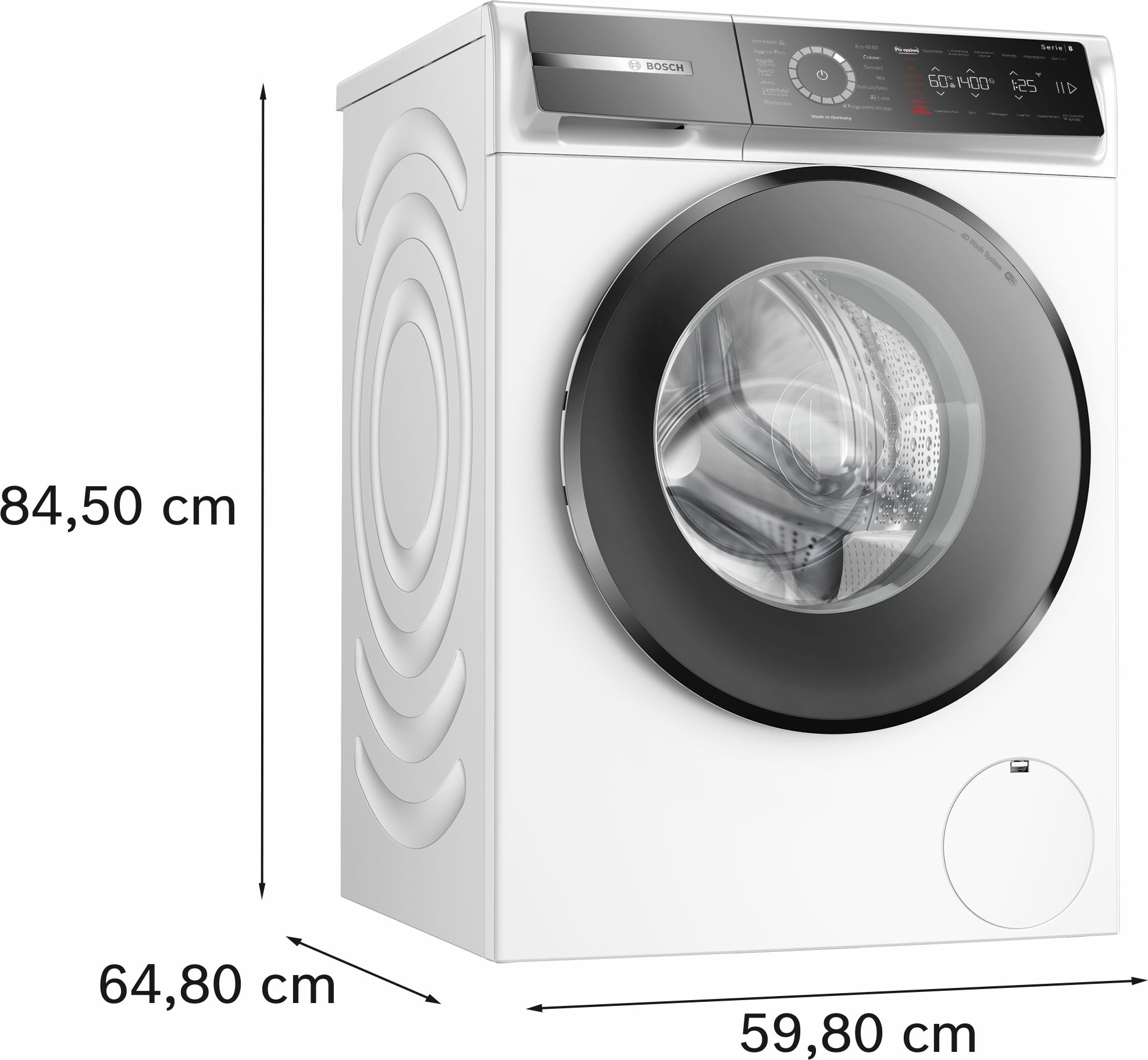 Lavatrice bianca con dimensioni. Altezza 84,50 cm, larghezza 64,80 cm, profondità 59,80 cm.