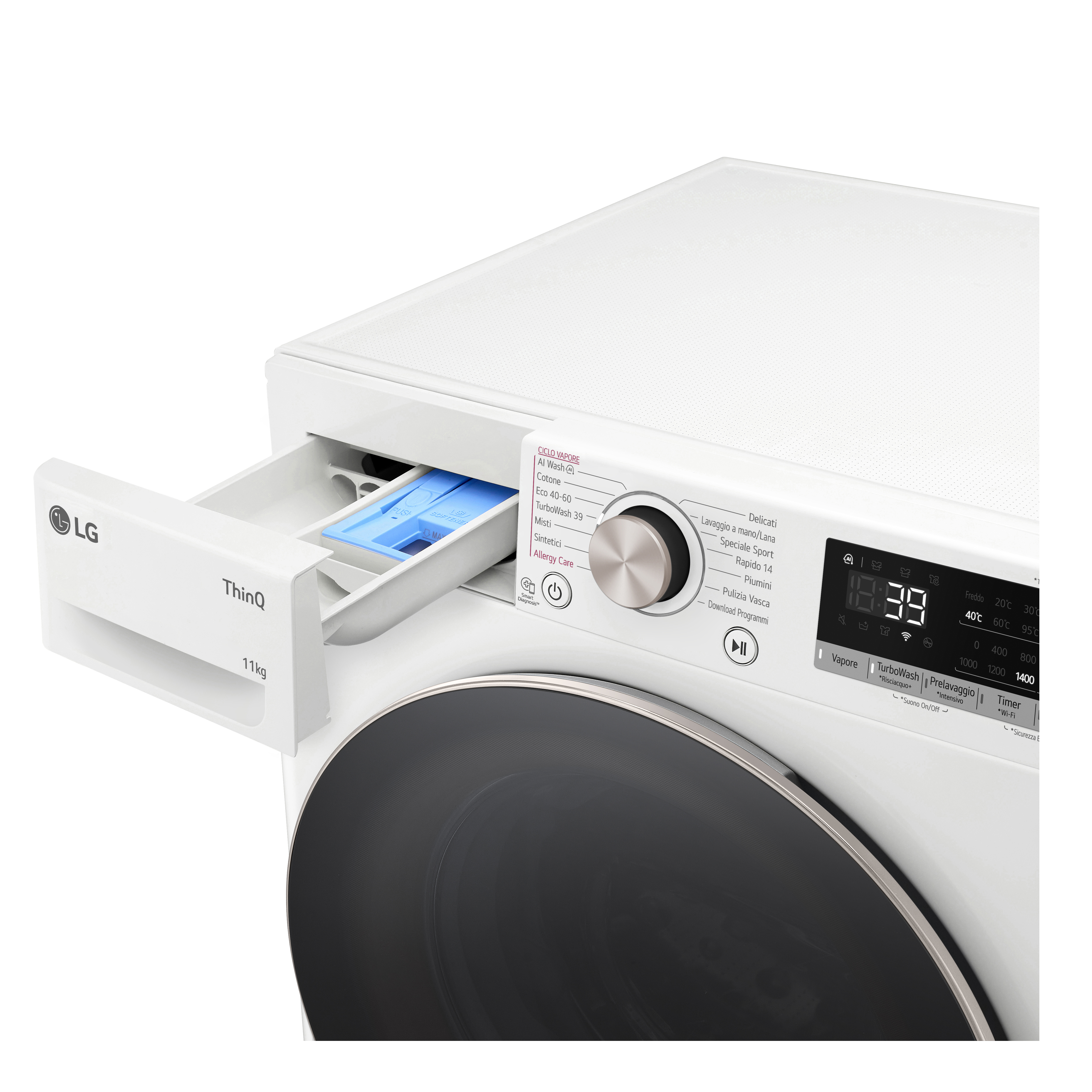 Biała pralka LG z otwartą szufladą na detergent. Widoczny niebieski pojemnik na detergent.
