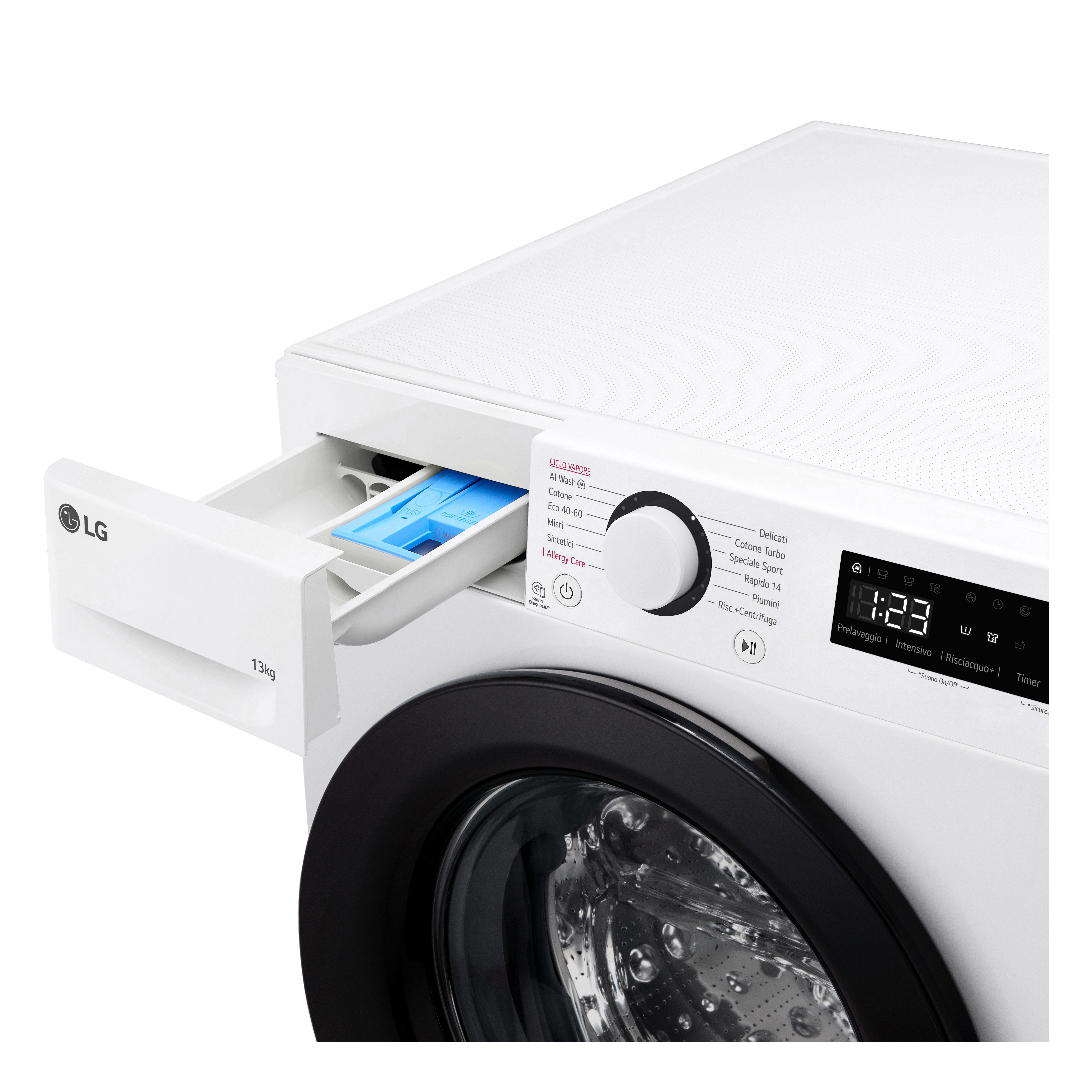 Pralka z otwartą szufladą na detergent. Drzwi są czarne. Panel sterowania jest widoczny.