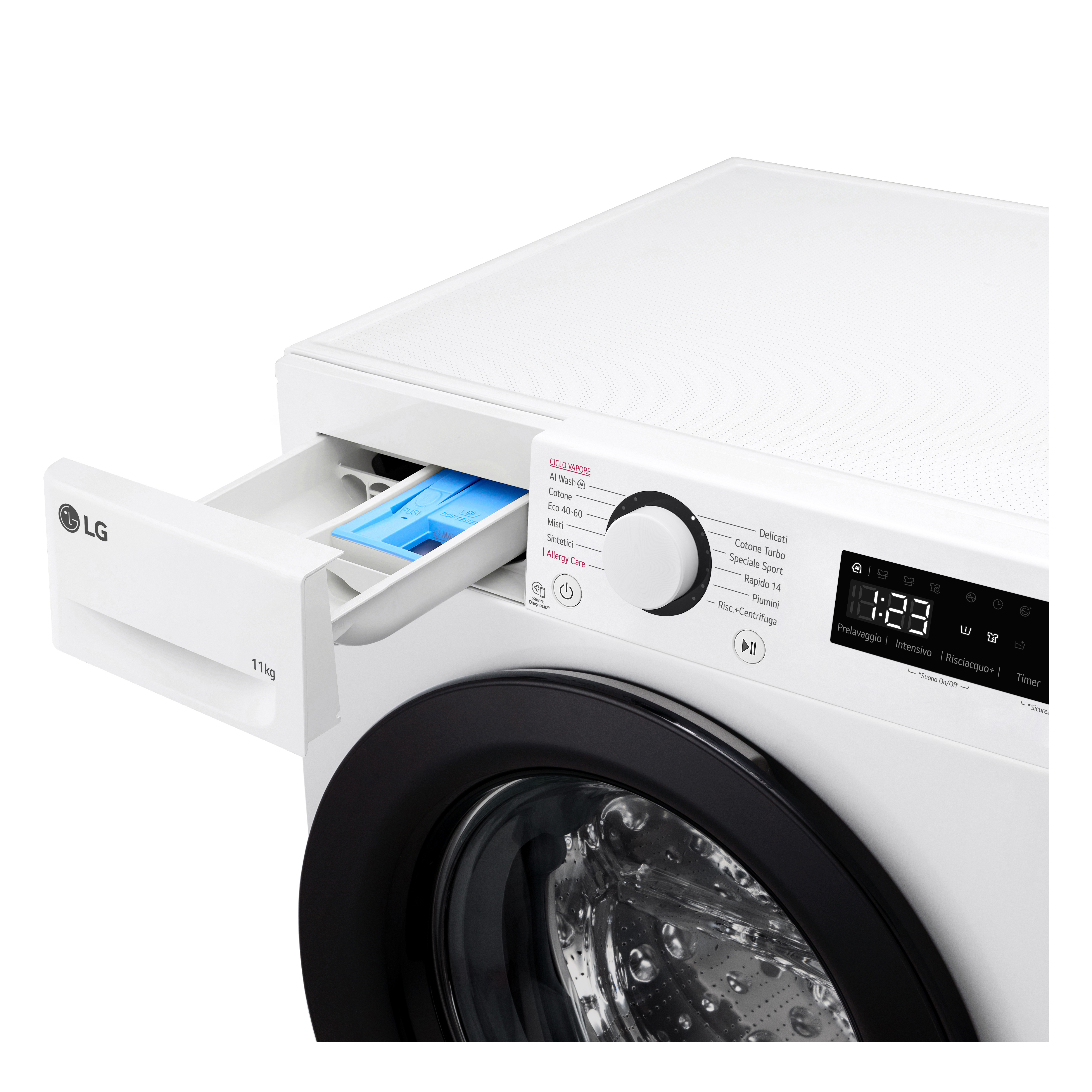 Biała pralka z otwartą szufladą na detergent. Panel sterowania znajduje się po prawej stronie u góry.
