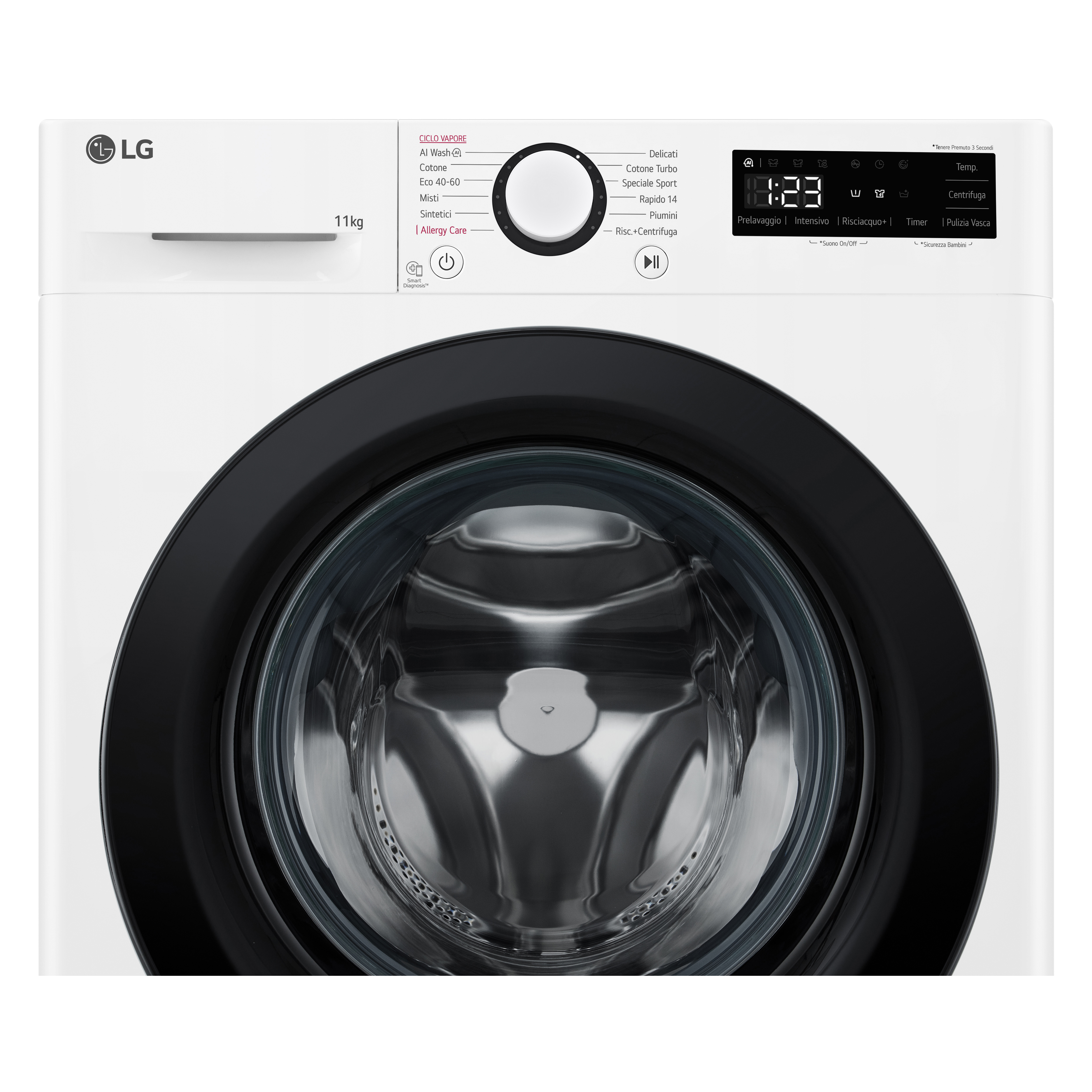 Biała pralka LG z przodu, pokazująca drzwi, panel sterowania i szufladę na detergent.