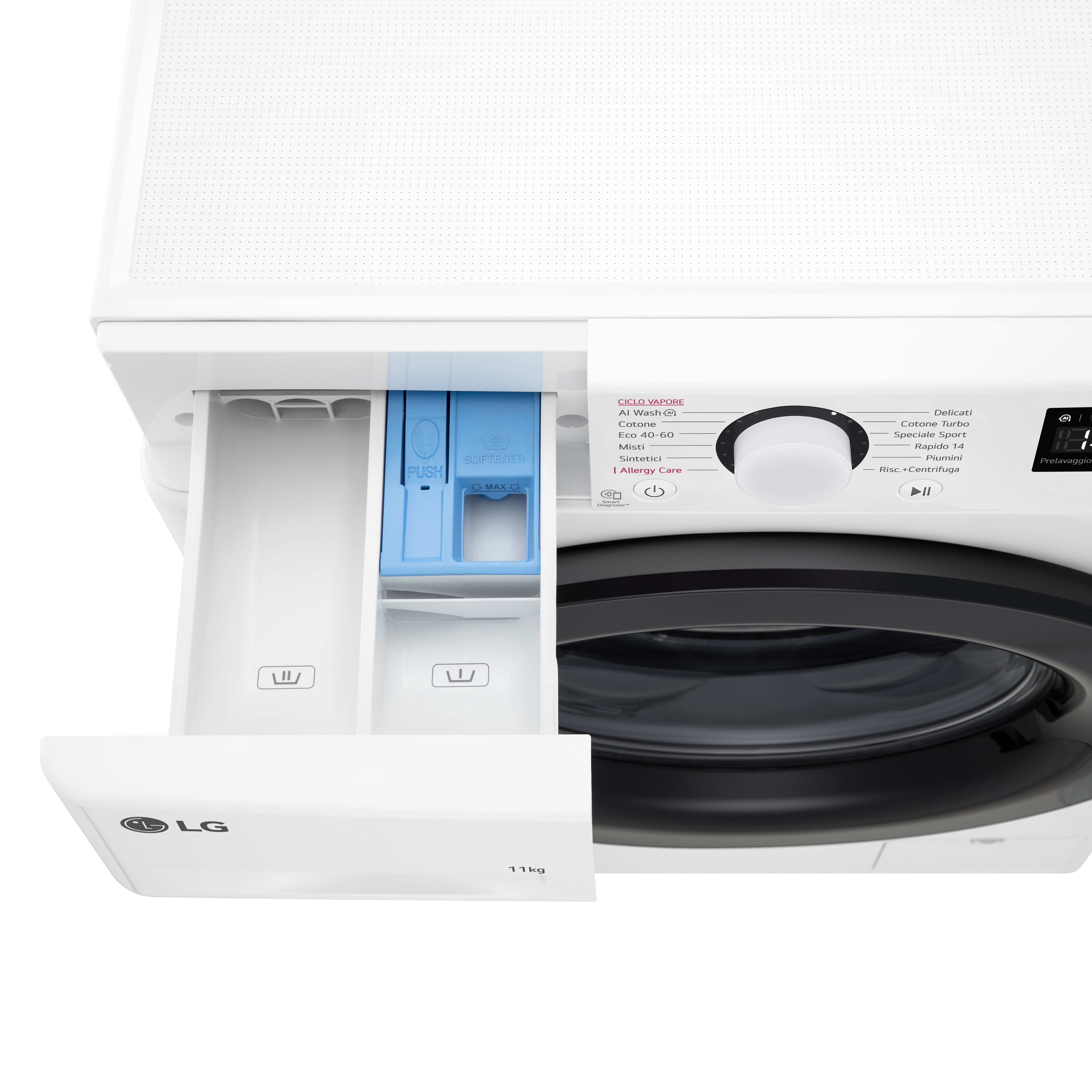 Zbliżenie białej pralki LG z otwartą szufladą na detergent. Widoczne niebieskie i białe przegródki.