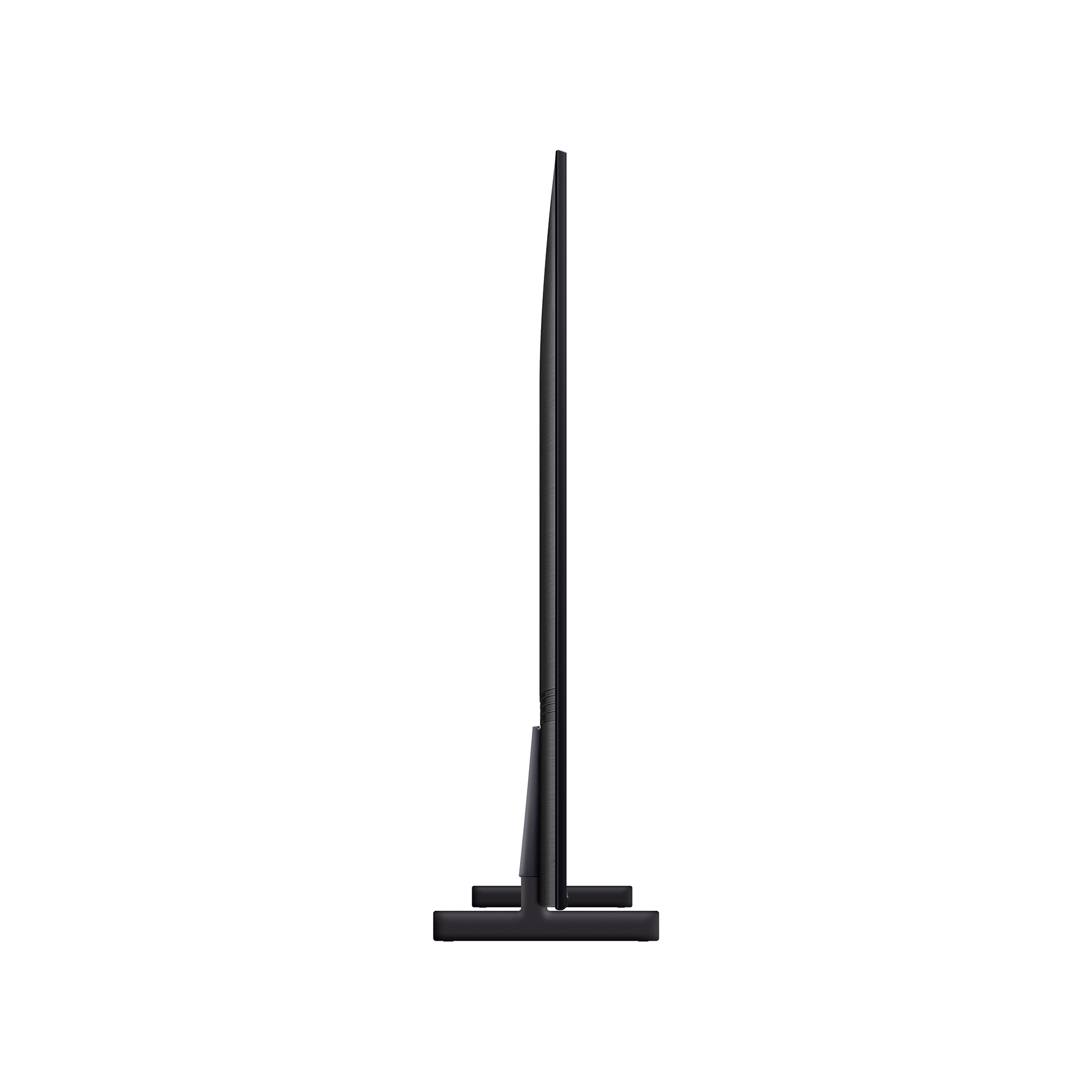 Vista laterale di una TV nera con supporto, su sfondo bianco.