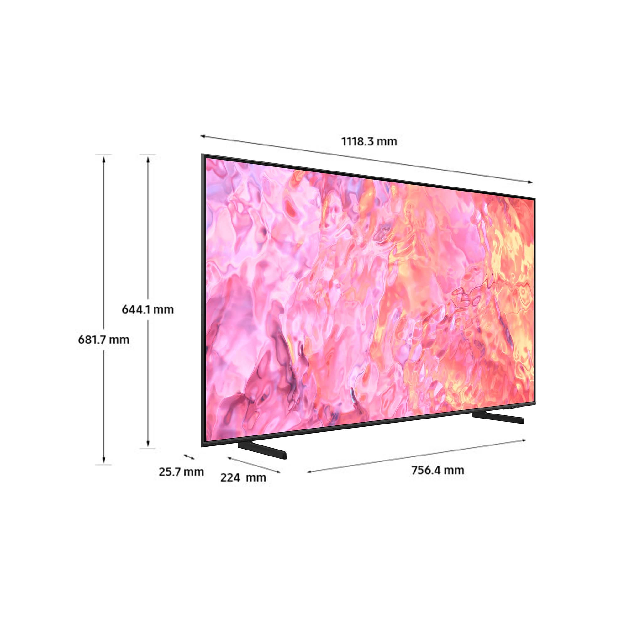 Grande schermo TV, angolato, con sfumatura rosa. Dimensioni in mm.