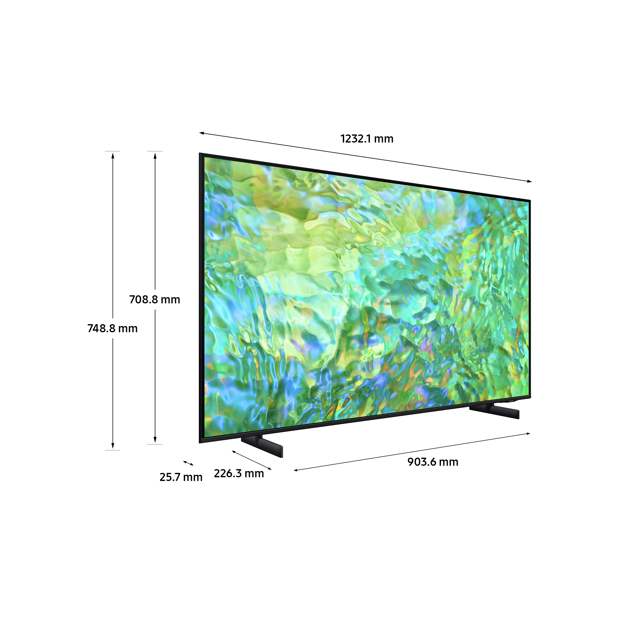 Un grande televisore con dimensioni mostrate, che mostra uno schermo con un'immagine colorata e astratta simile all'acqua.