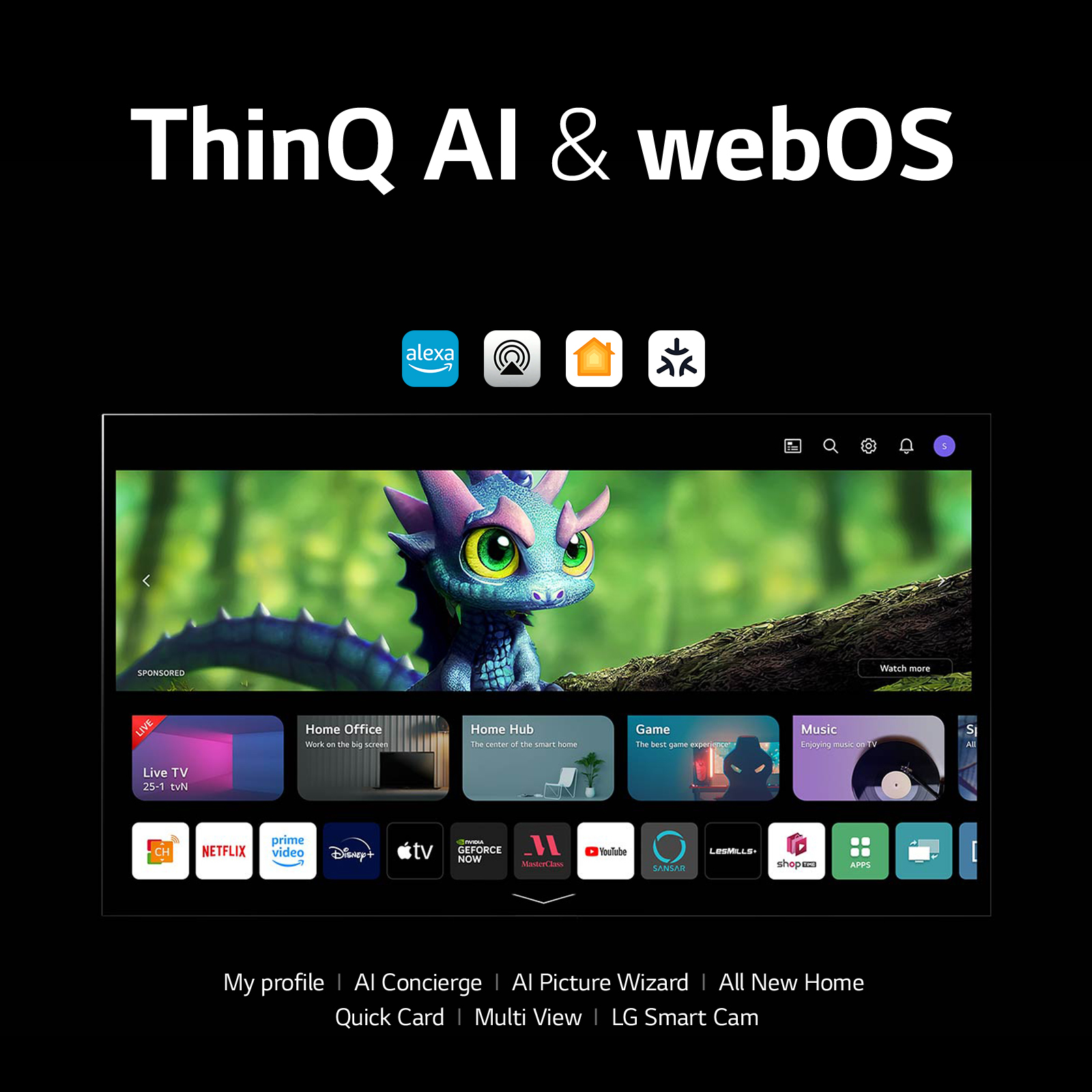 Interfaccia Smart TV. Mostra icone app, tra cui Netflix, e un'immagine di drago.