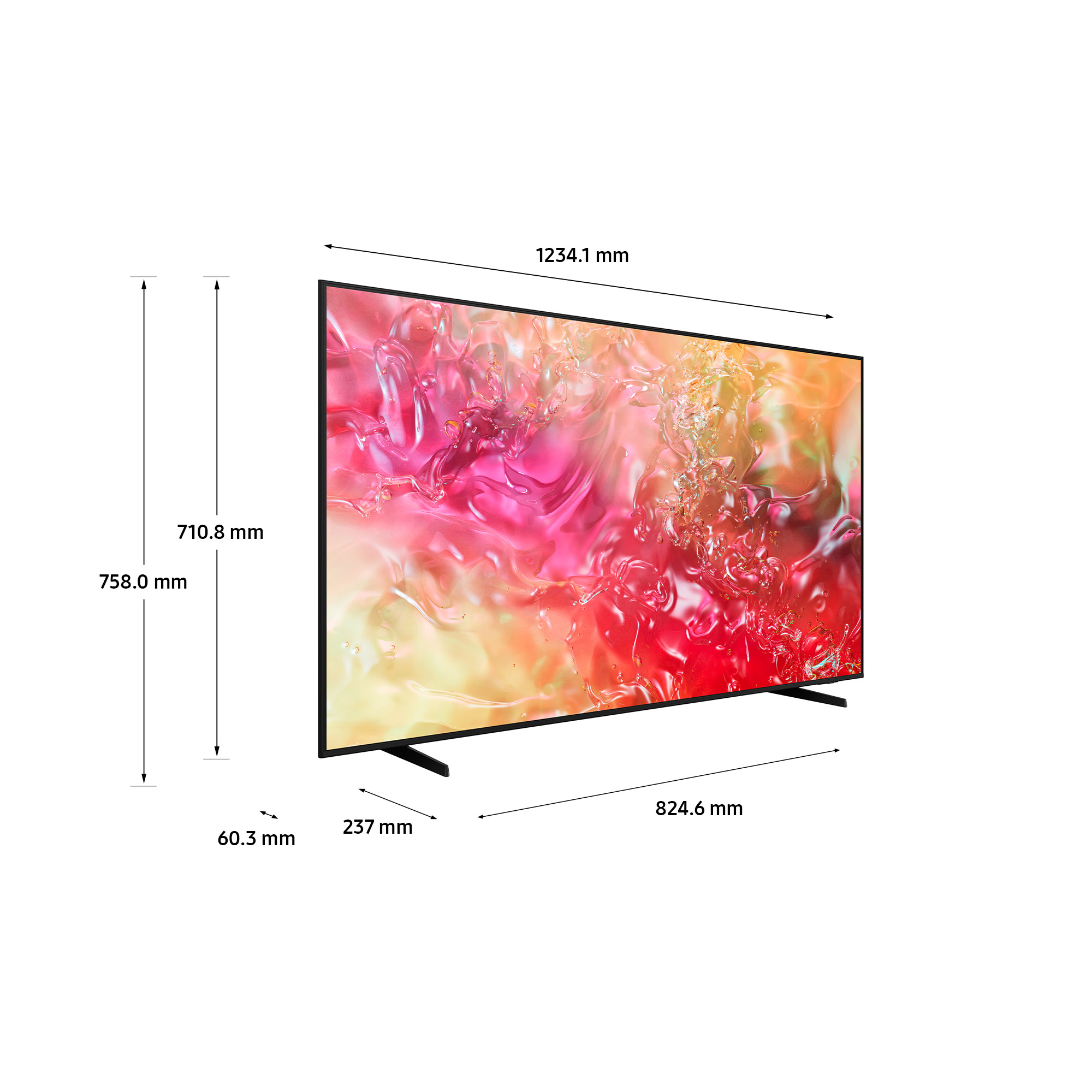 Grande TV con dimensioni indicate; display con arte astratta colorata.