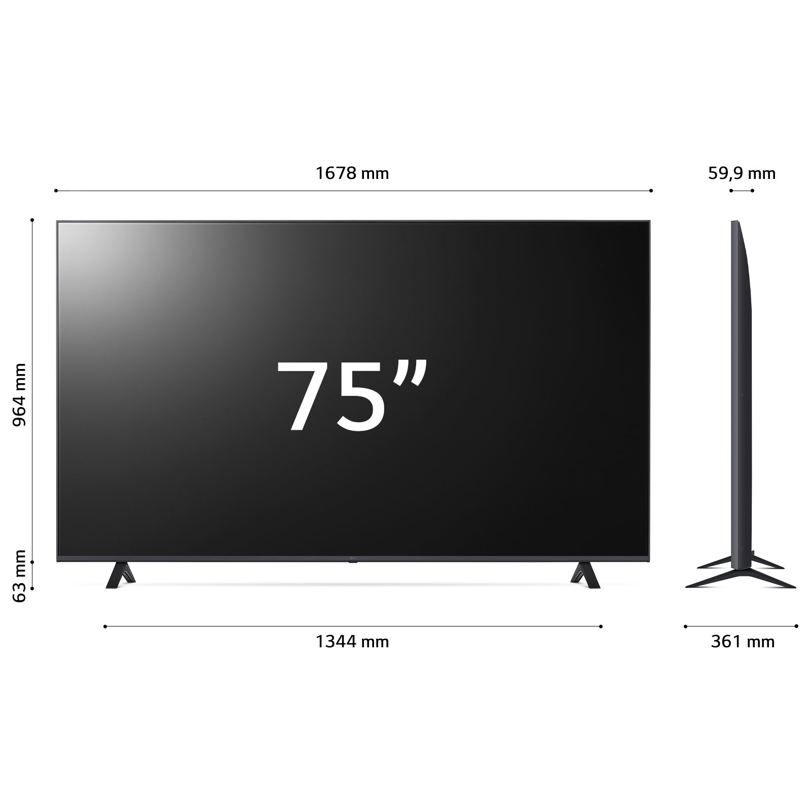 TV da 75 pollici con dimensioni etichettate. Lo schermo mostra le dimensioni e le dimensioni del televisore.