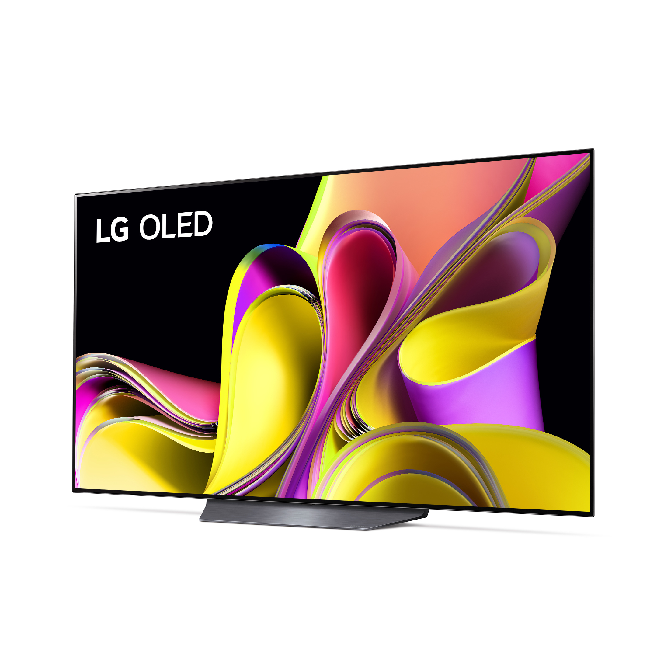 TV LG OLED. Schermo nero con arte astratta colorata. Supporto sottile. Cornice nera.