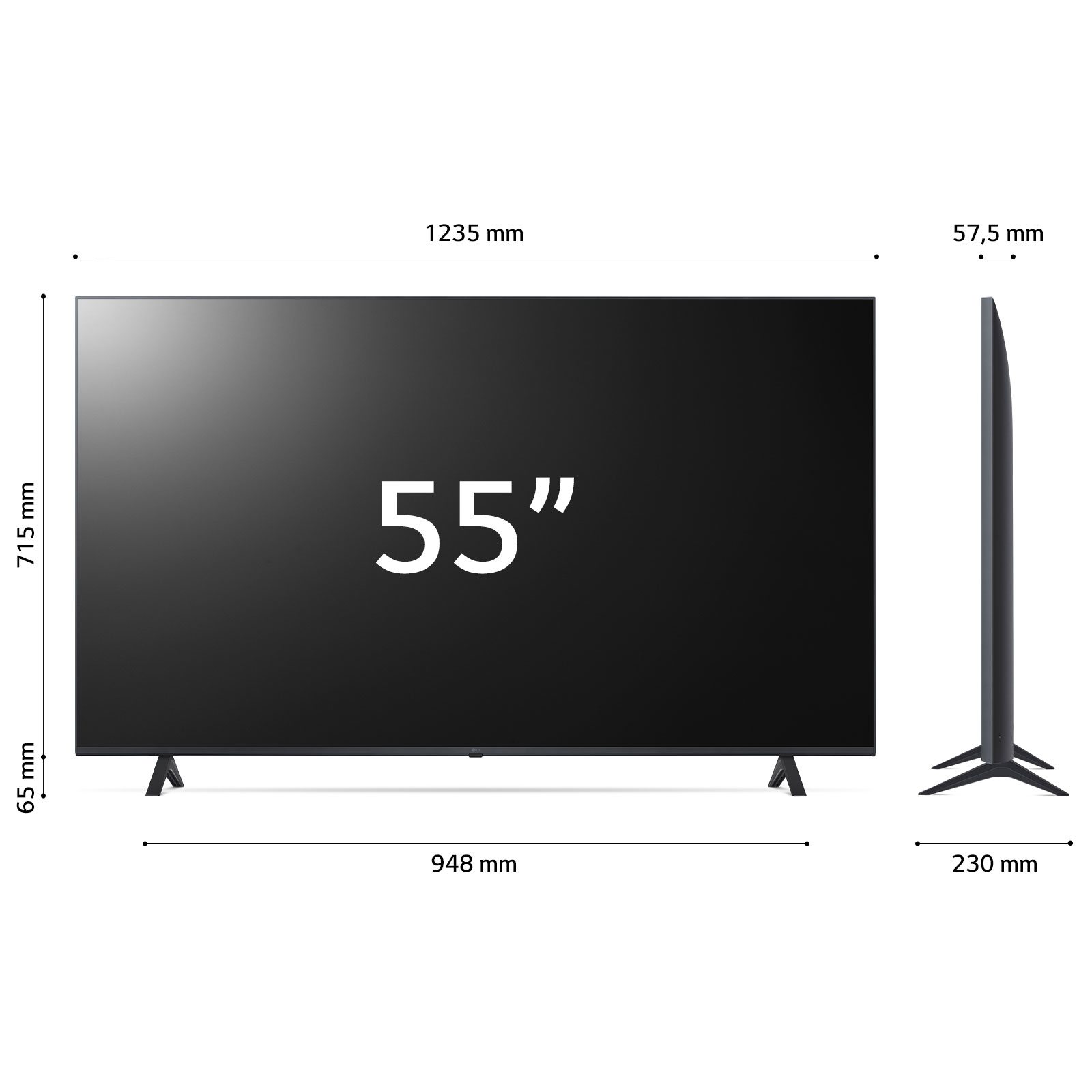 Un TV LG da 55" è mostrato con le dimensioni per altezza, larghezza e profondità. È su uno sfondo bianco.